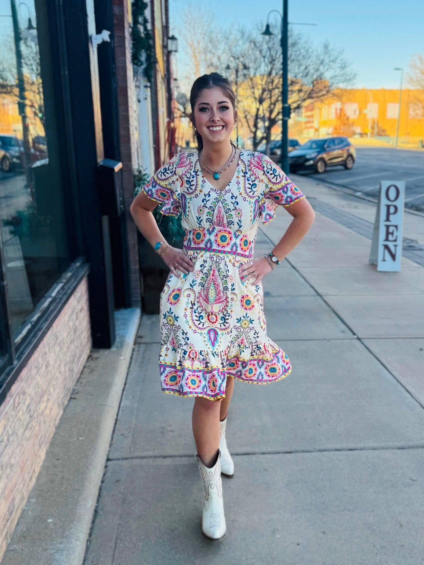 Charlie B Carnival Border Print Flutter Elbow Sleeve v-Neck Dress