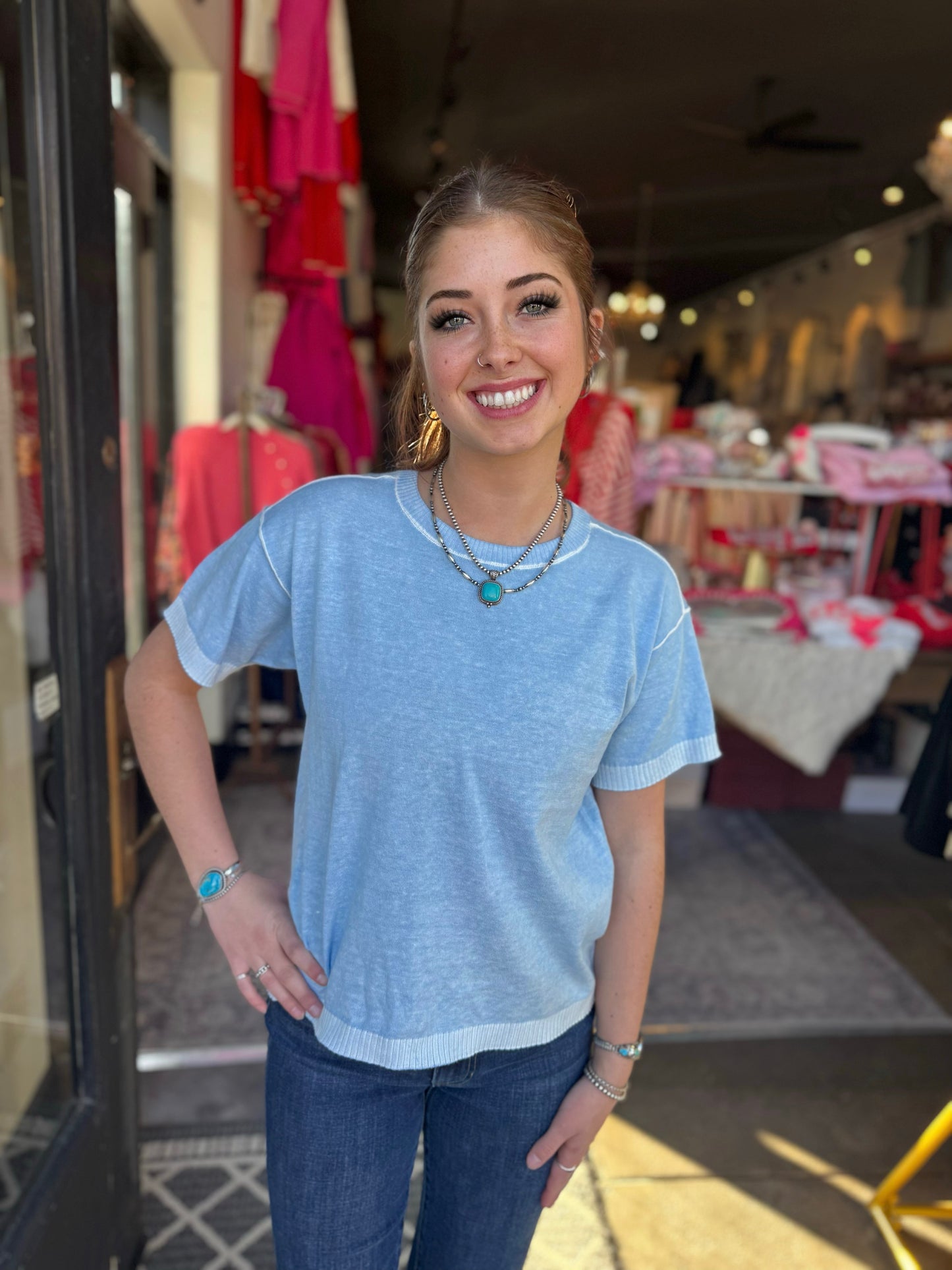 Charlie B Bluebell Reverse Print Short Sleeve Crew Neck Sweater c2947v/261b