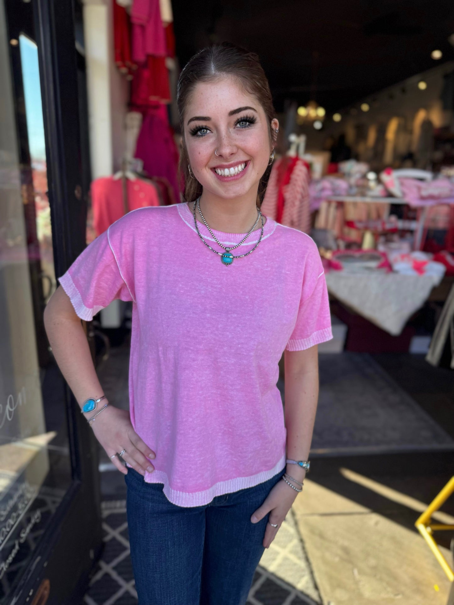 Charlie B Candy Reverse Print Short Sleeve Crew Neck Sweater c2947v/261b