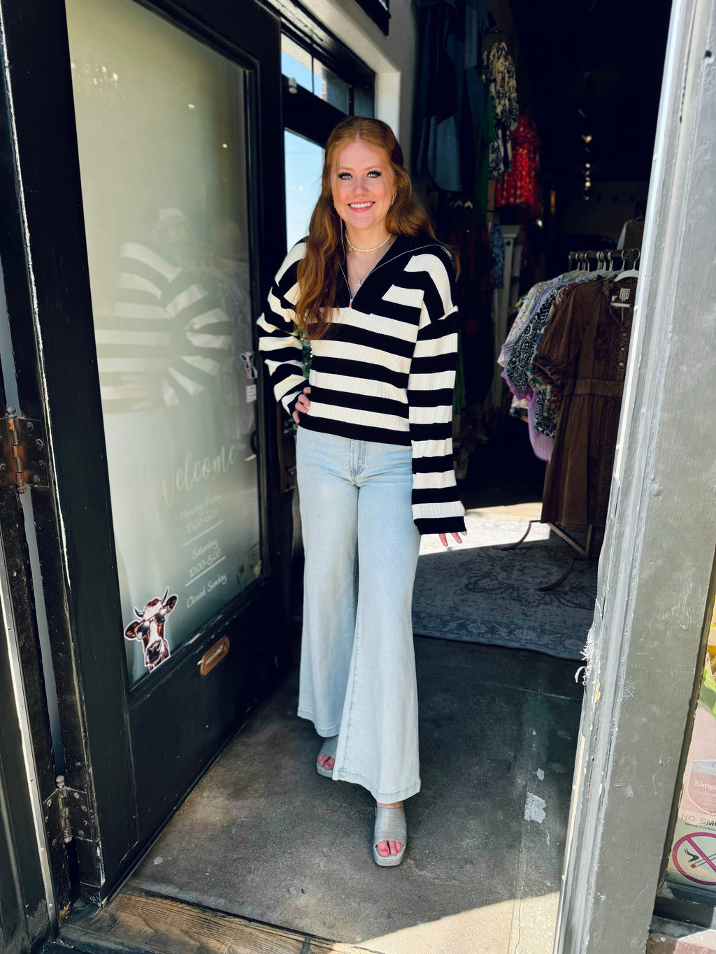 ENGLISH FACTORY Black/Ivory Striped half-zip sweater