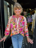 John Mark Purple Flower Printed Button Frt Split Mk Top W/EMB 3/4