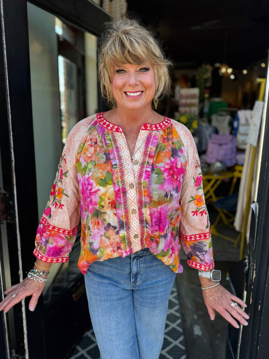 John Mark Purple Flower Printed Button Frt Split Mk Top W/EMB 3/4