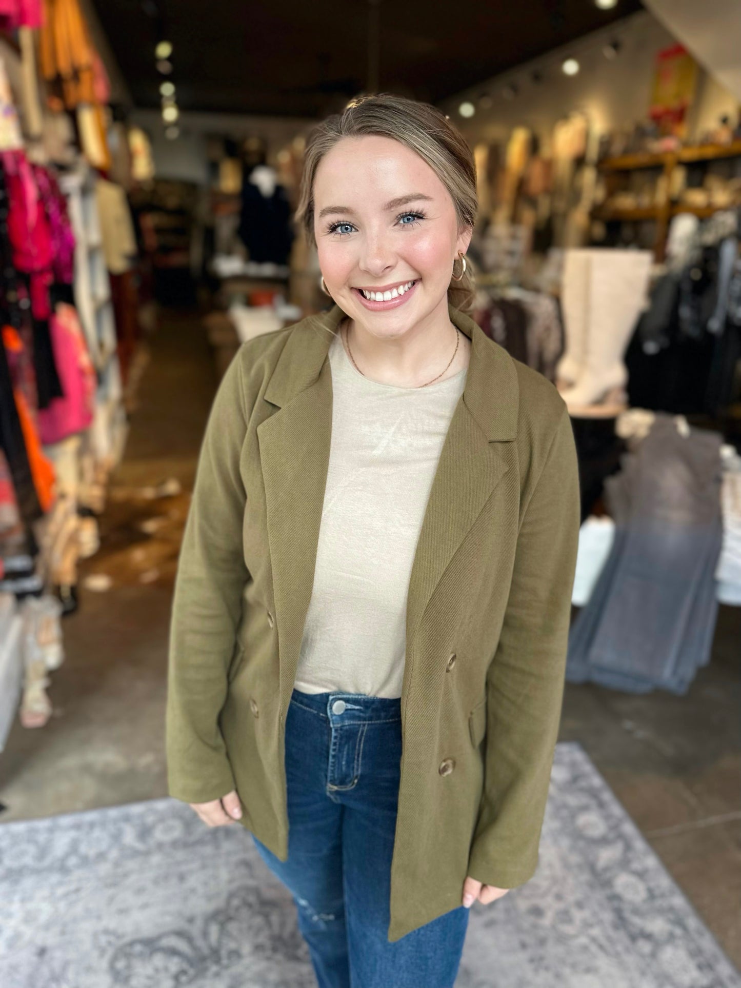 Cece Double Breasted Blazer in Warm Olive