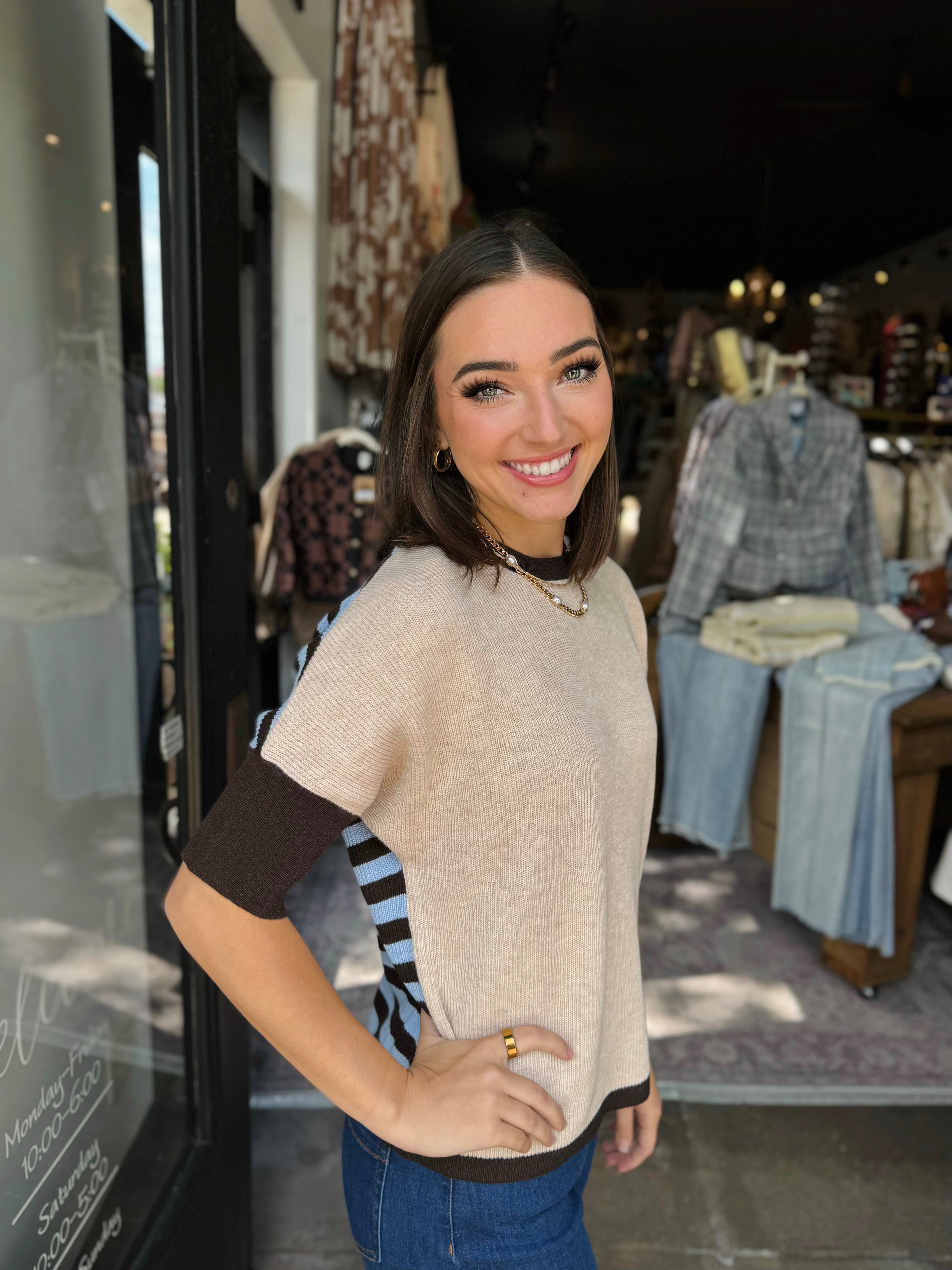 B YOUNG BYMINJA SKY BLUE BROWN STRIPE SWEATER