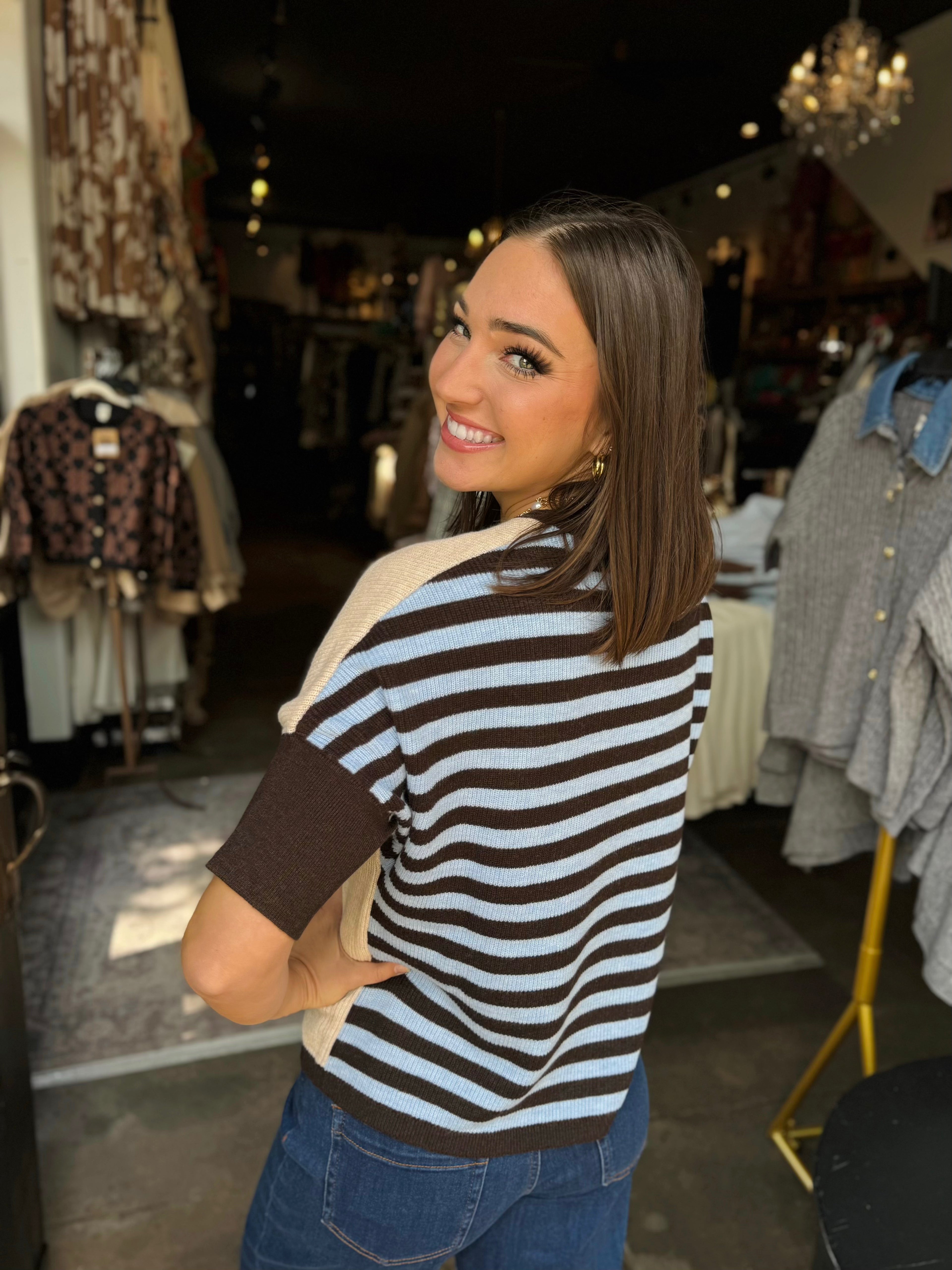 B YOUNG BYMINJA SKY BLUE BROWN STRIPE SWEATER
