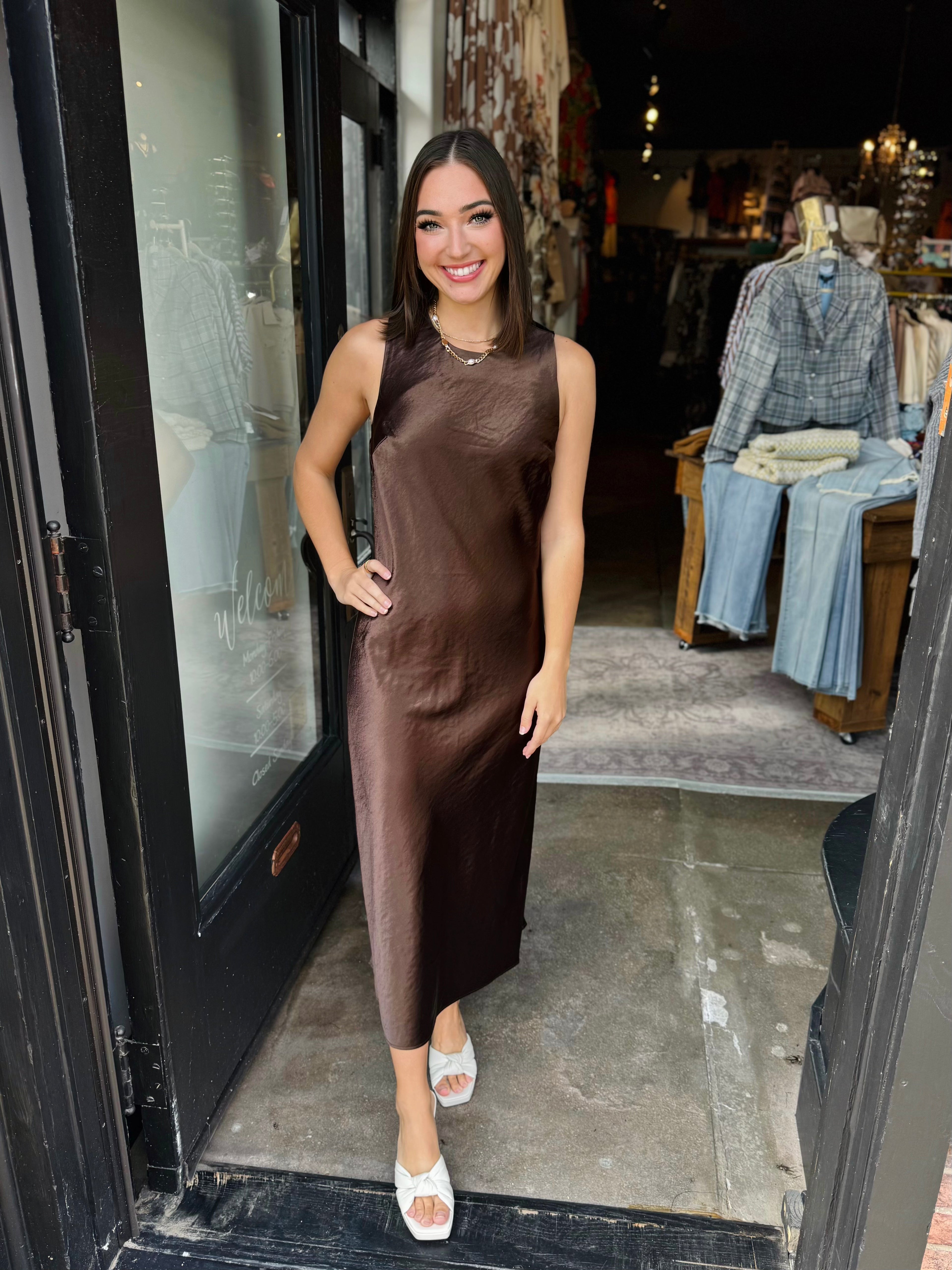 VELVET HEART WALNUT SATIN MAXI DRESS