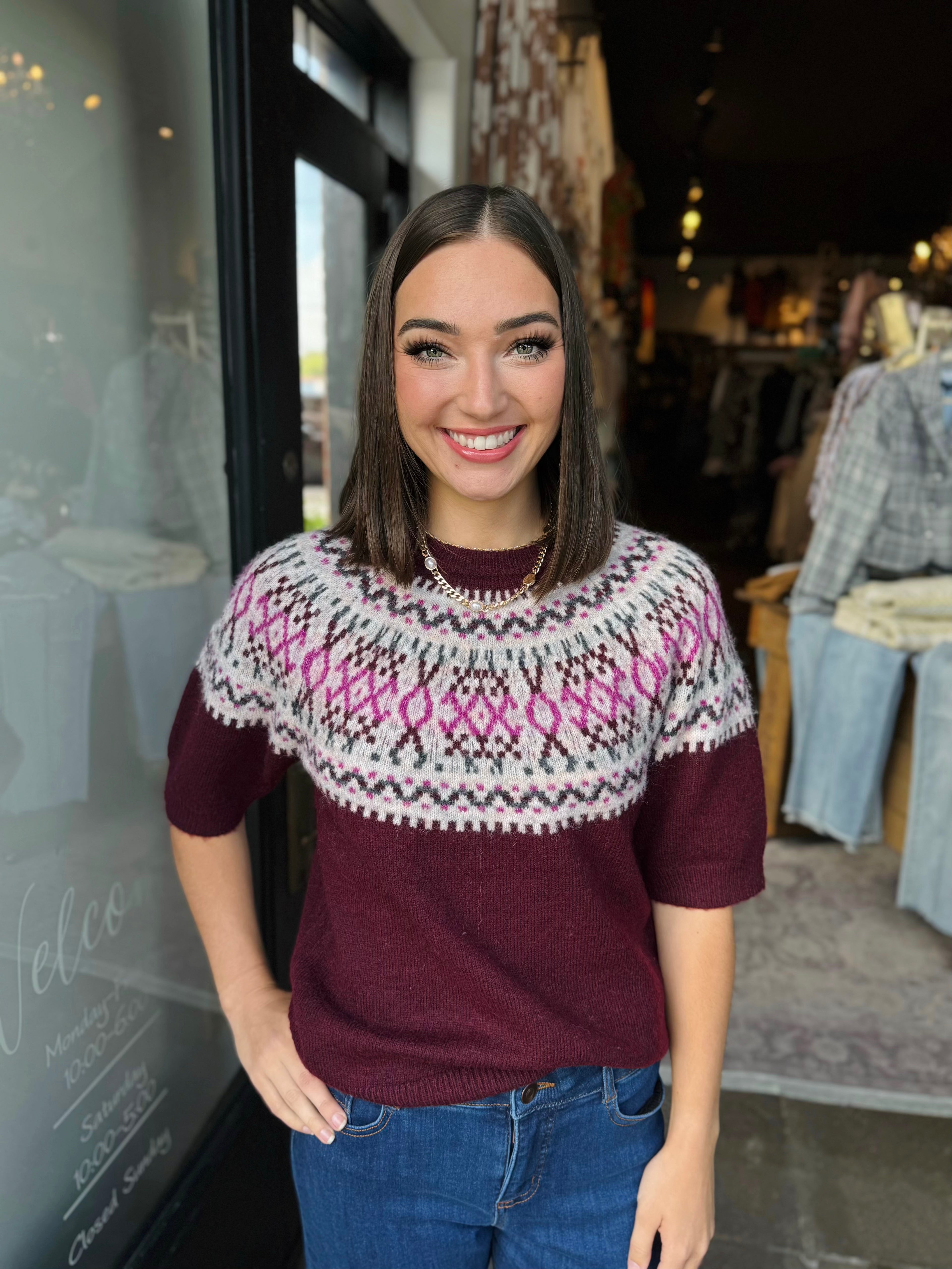 CHARLIE B BERRY SHORT SLEEVE RAGLAN SKI SWEATER