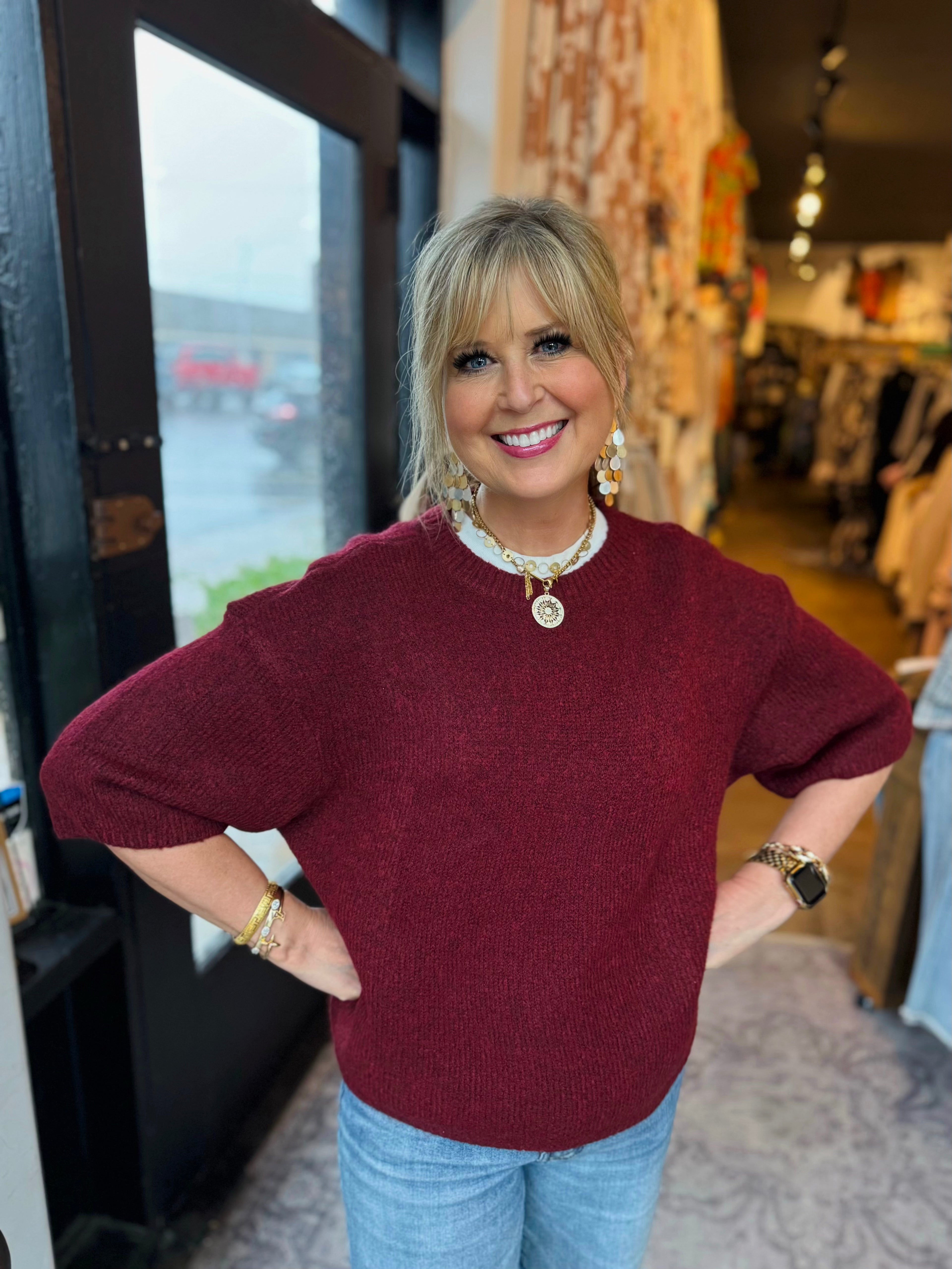 CHARLIE B MERLOT ELBOW SLEEVE BALLOON SHAPE SWEATER