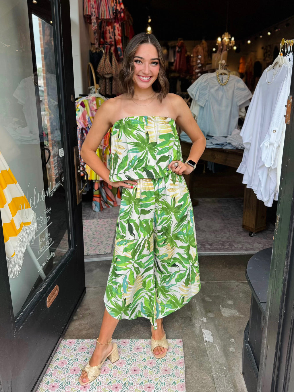 KLD GREEN KD52748 STRAPLESS PRINT JUMPSUIT
