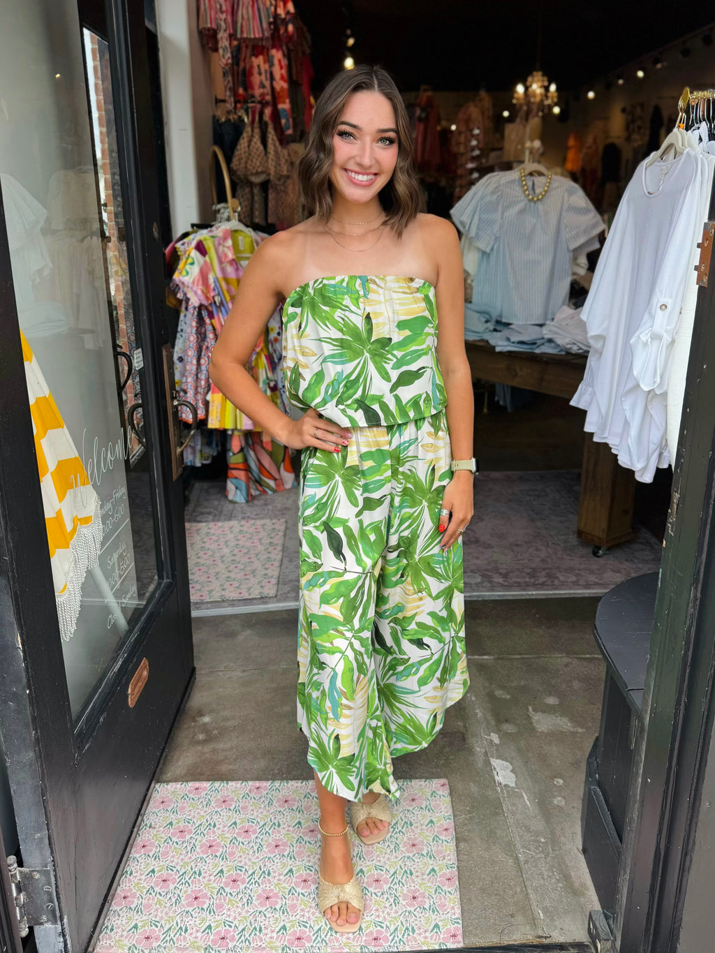 KLD GREEN KD52748 STRAPLESS PRINT JUMPSUIT