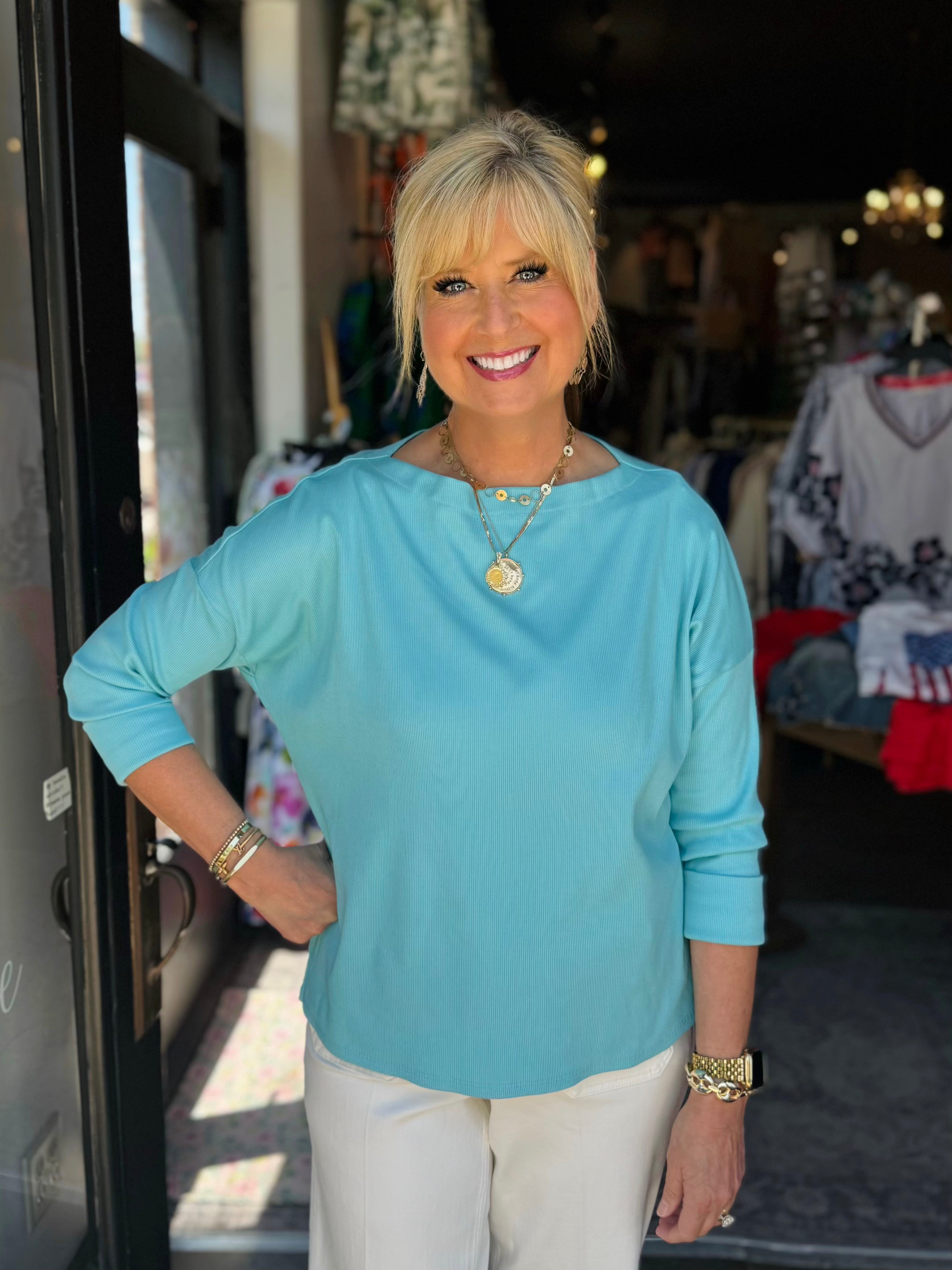 KAREN KANE AQUA RIBBED BOATNECK TOP 2L47923