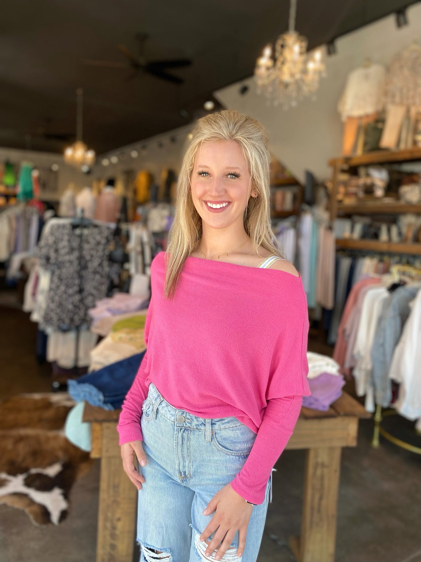 Punch Pink off the shoulder top