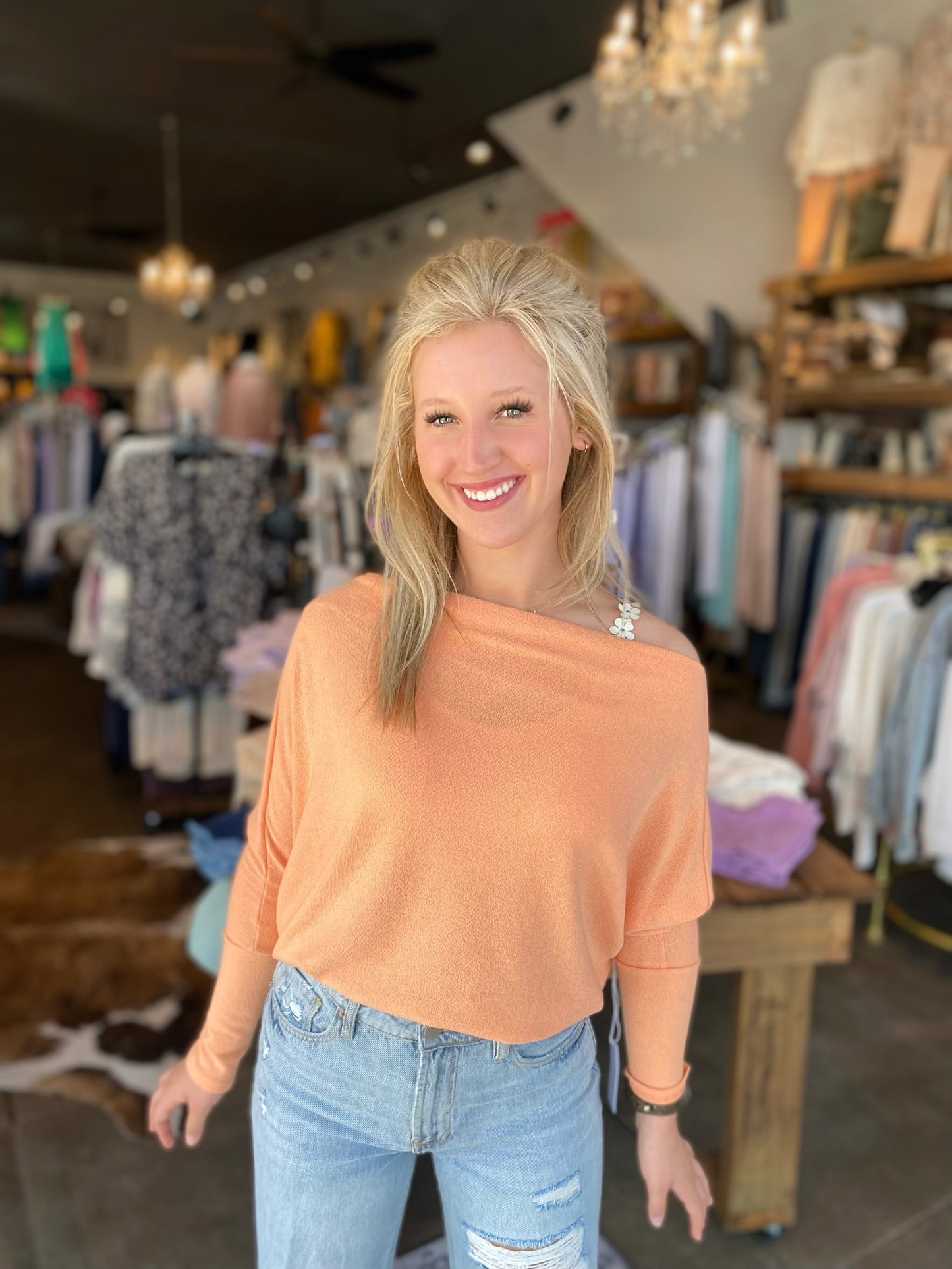 Cantalope Off the Shoulder Top