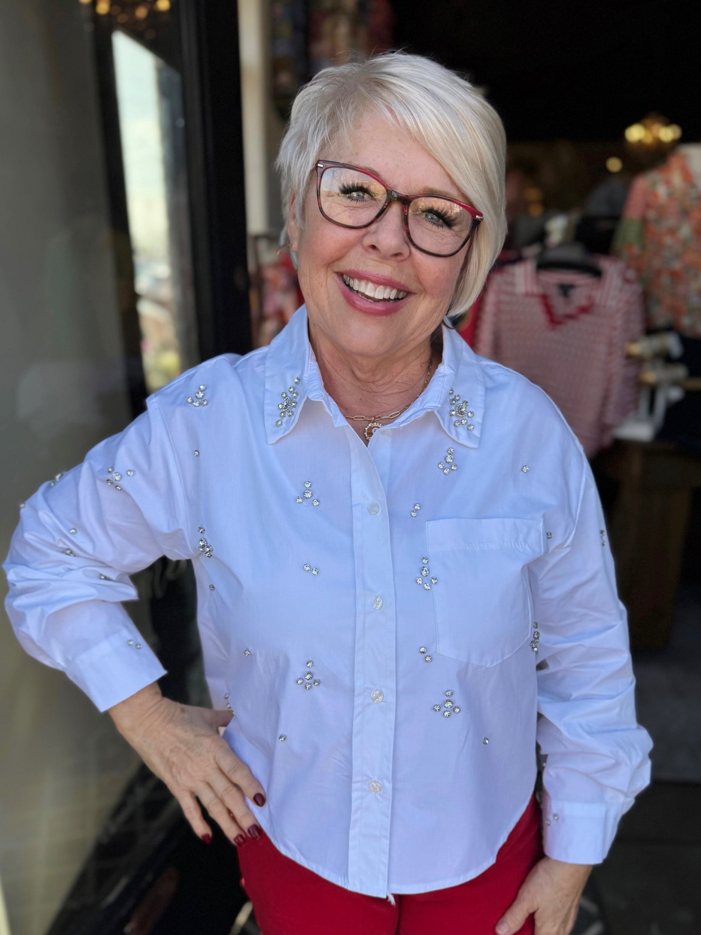 Astrid White Bejeweled Button Up Top