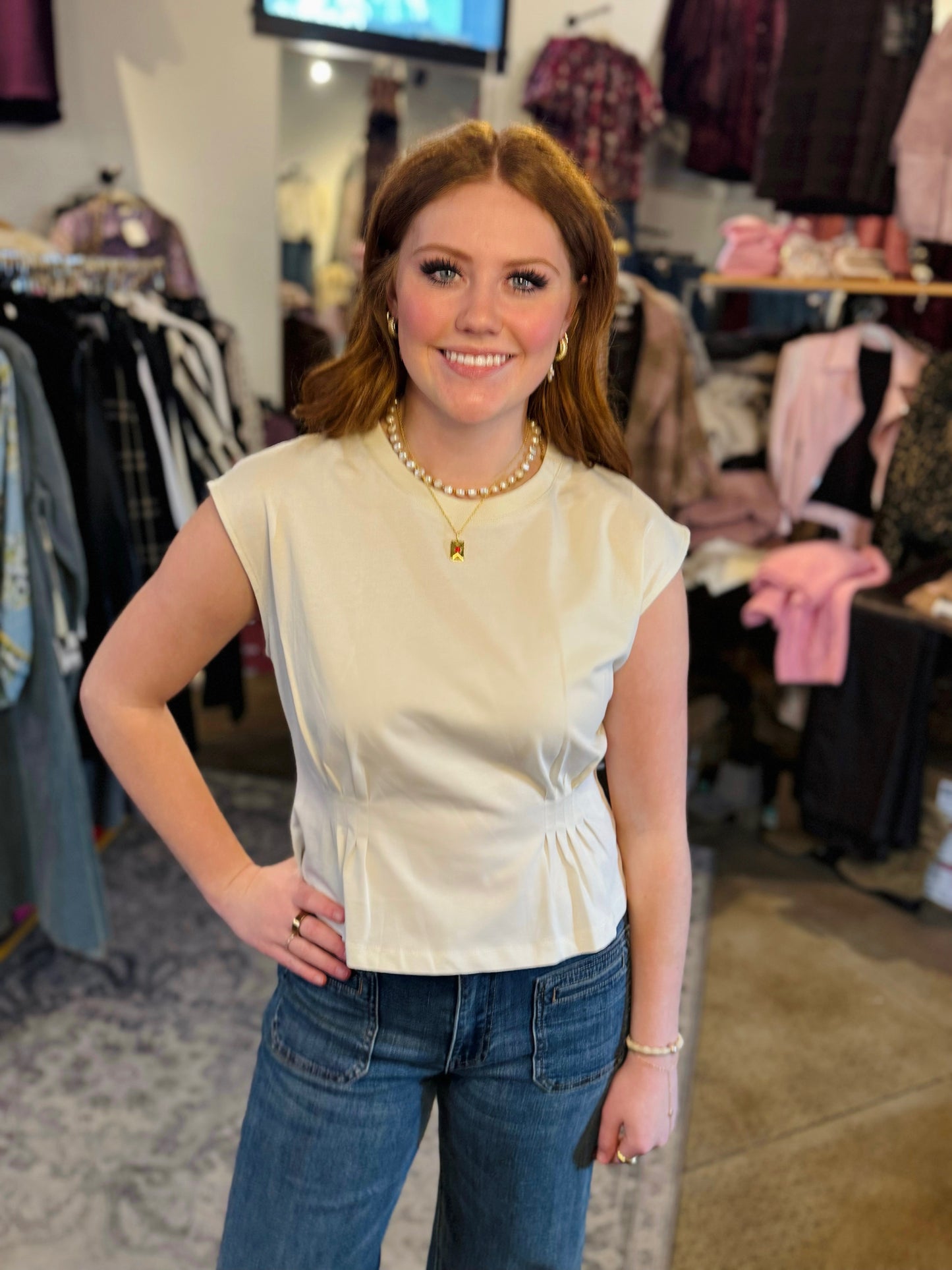 Kld Cream Cap Sleeve Pintucked Top