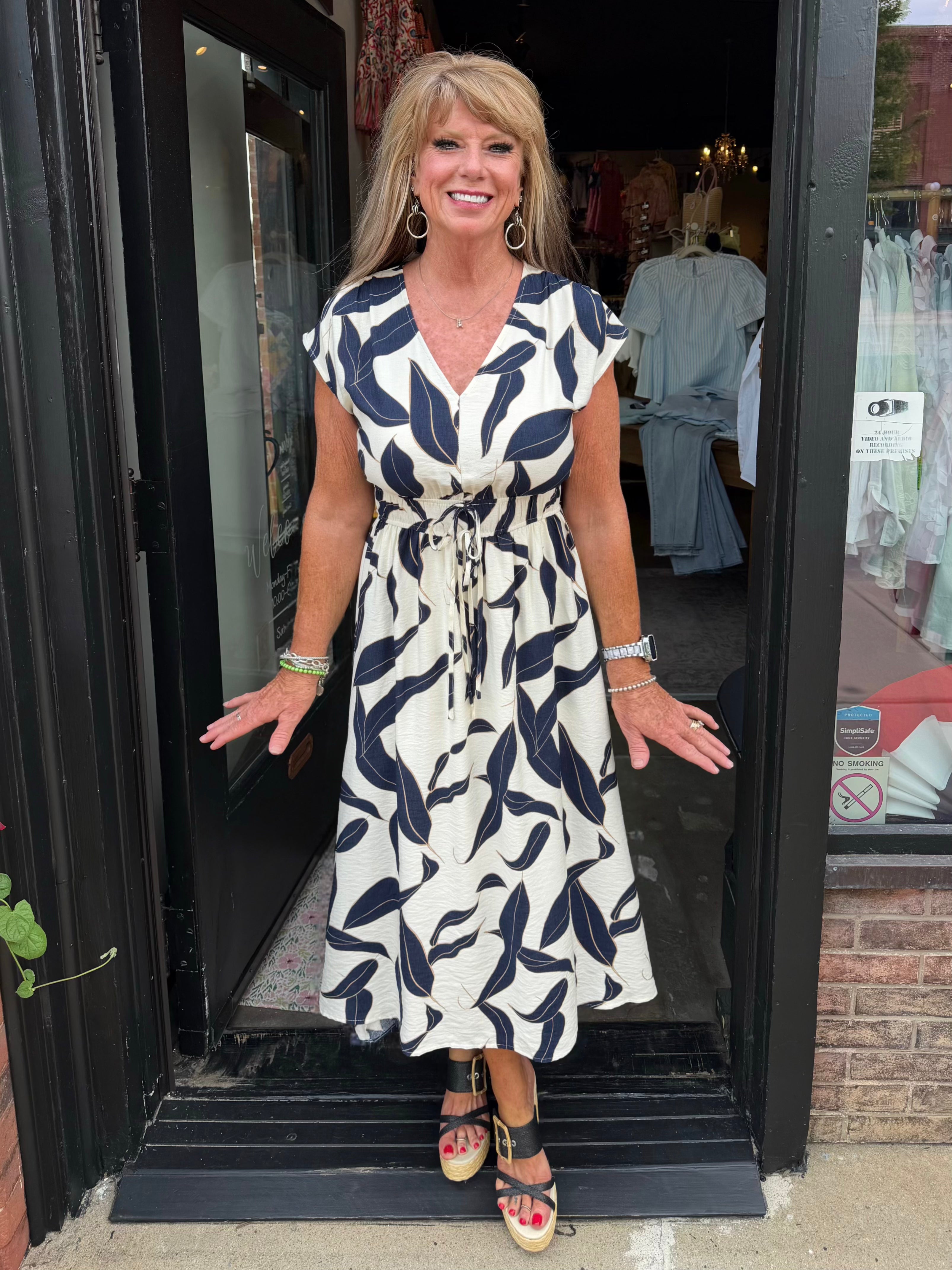 KLD KD52889-NAVY LEAF PRINT DRESS