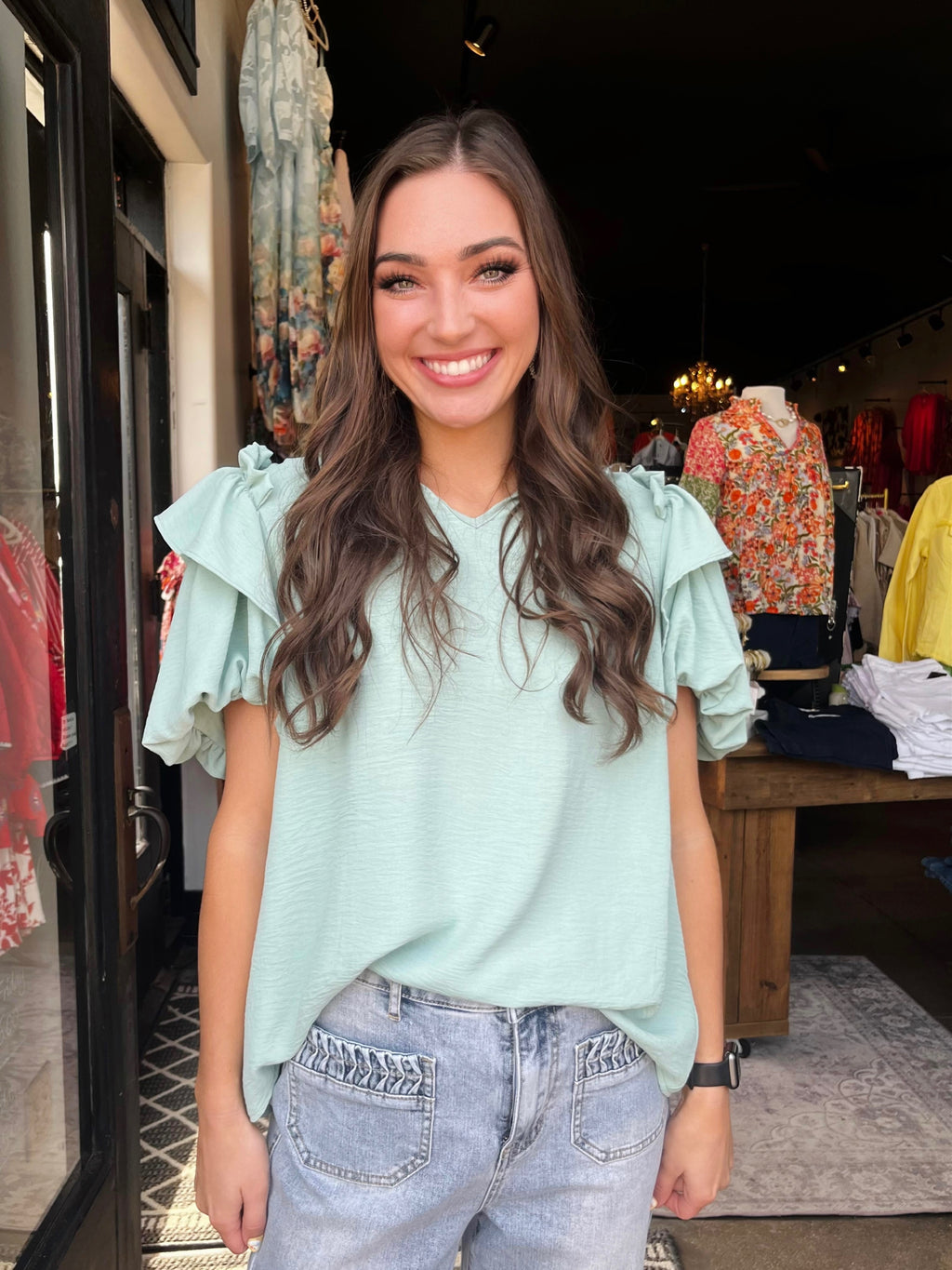 Ivy Jane Mint Ruffle Collar Top W/ Flounce Bubble Sleeve