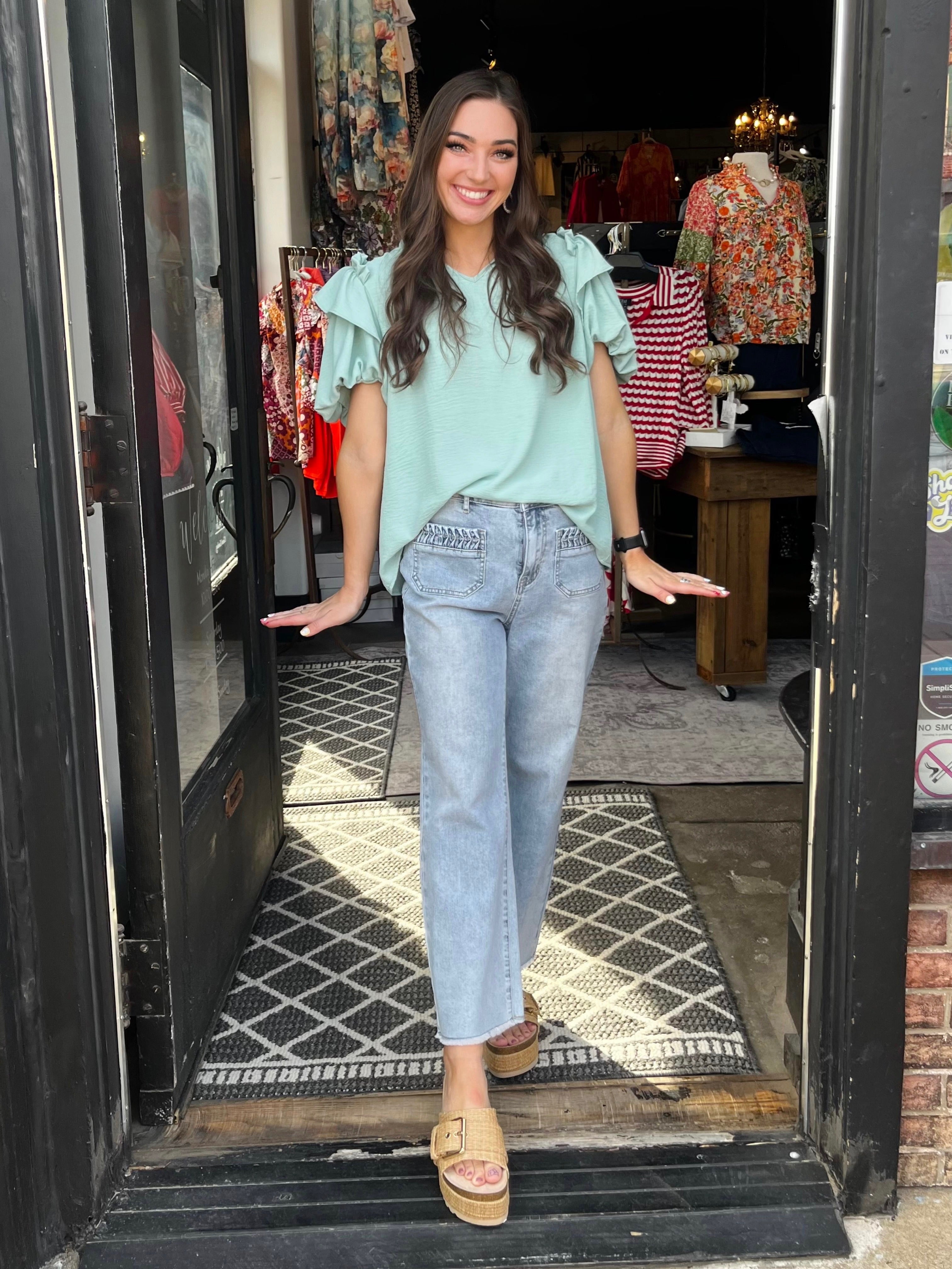 Ivy Jane Mint Ruffle Collar Top W/ Flounce Bubble Sleeve