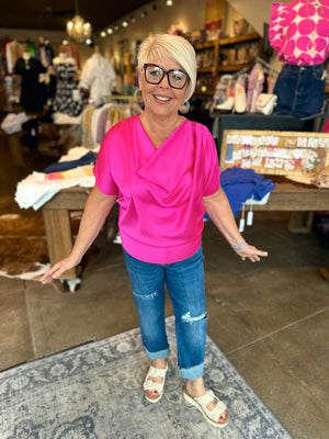 Hot Pink Cowl Neck Satin Blouse