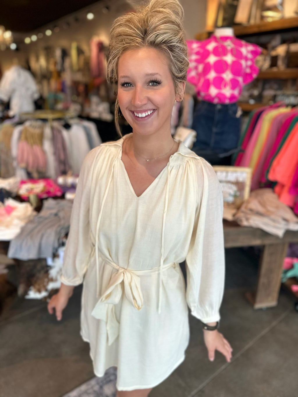 Cream Poof Sleeve Dress