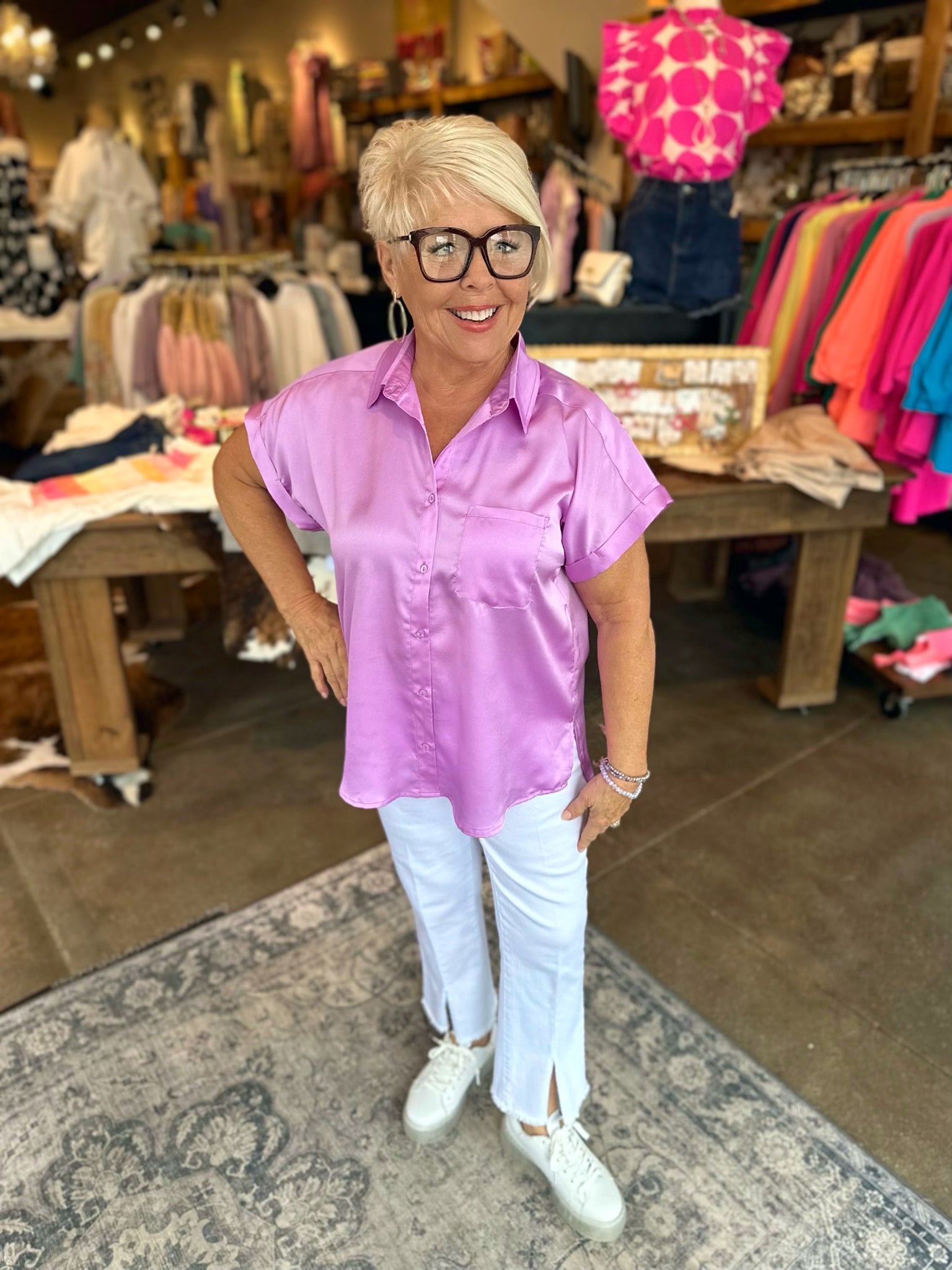 Lavender Vibes silky button down blouse