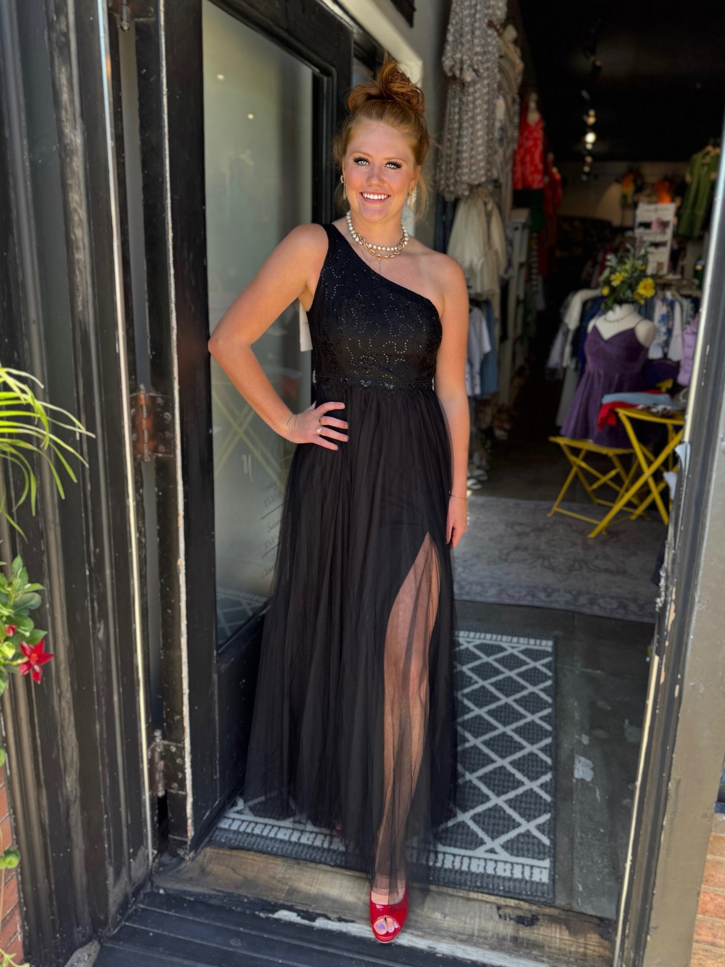 Black Romantic Asymmetric Side Split A-Line Tulle Dress