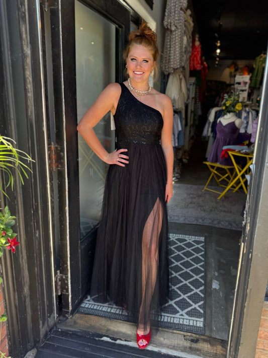 Black Romantic Asymmetric Side Split A-Line Tulle Dress