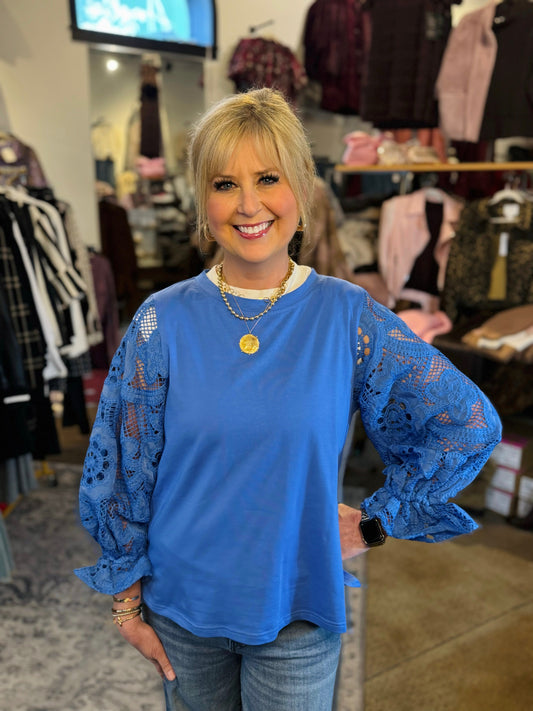Jade Blue Lace Sleeve Pullover