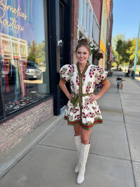 Olivia Poppy Olive / Cream Short Dress