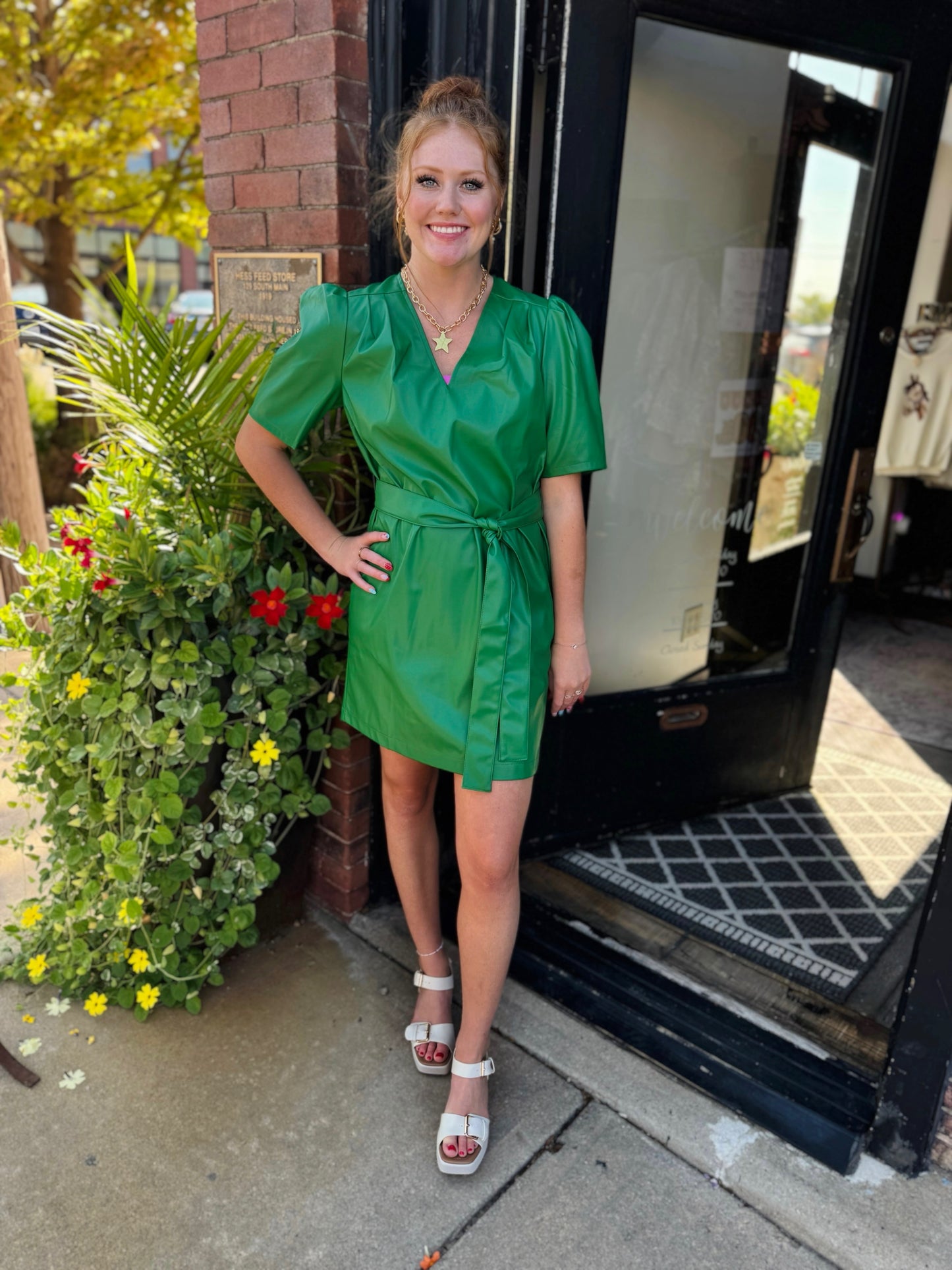 Jade Green Vegan Leather V-Neck Dress