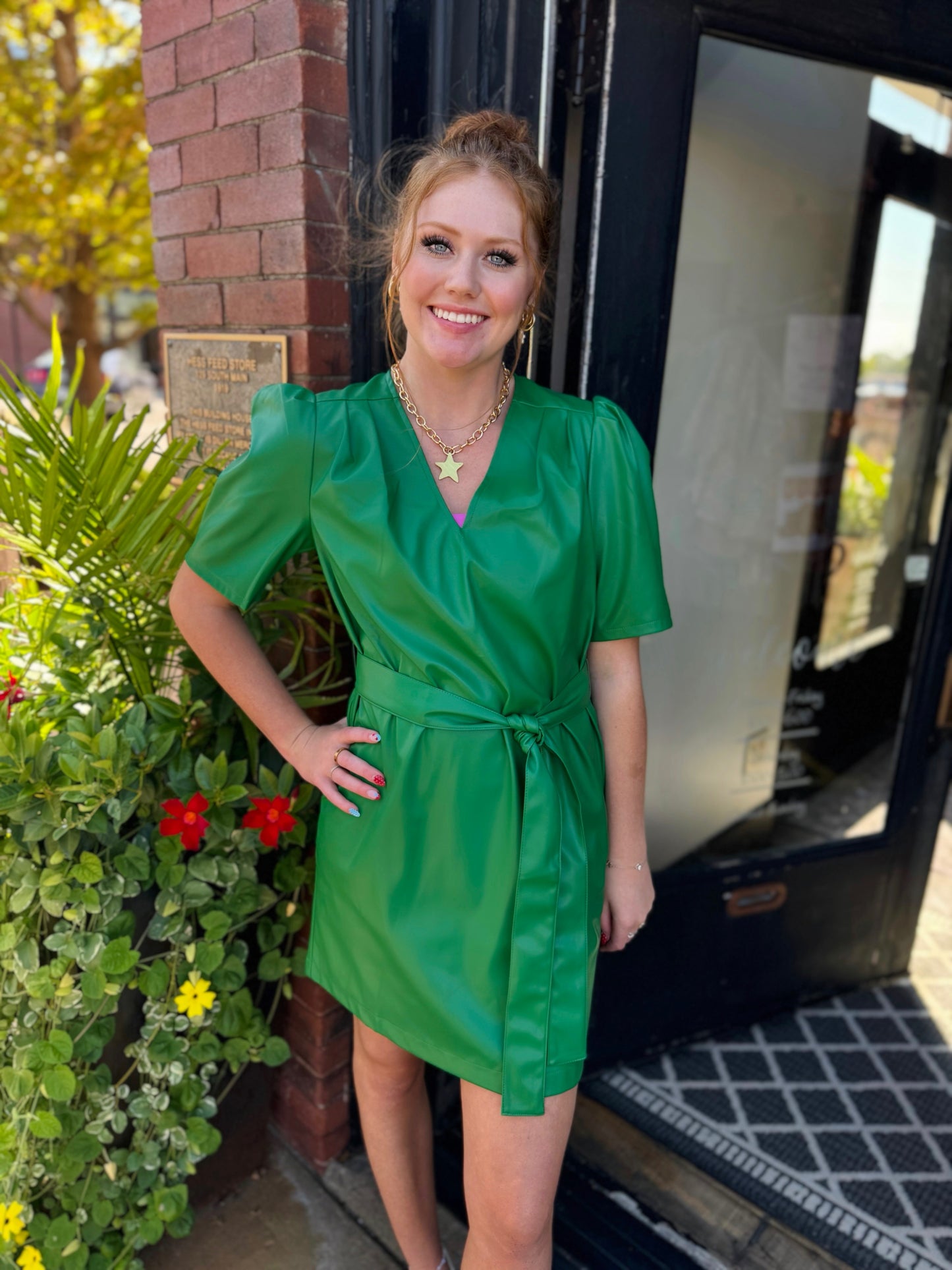 Jade Green Vegan Leather V-Neck Dress