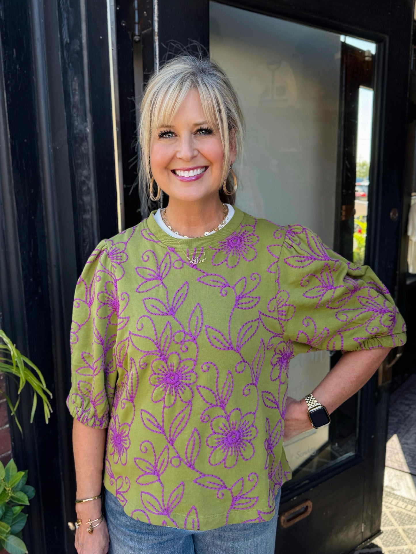 Ivy Jane Green Floral Vines Knit Top