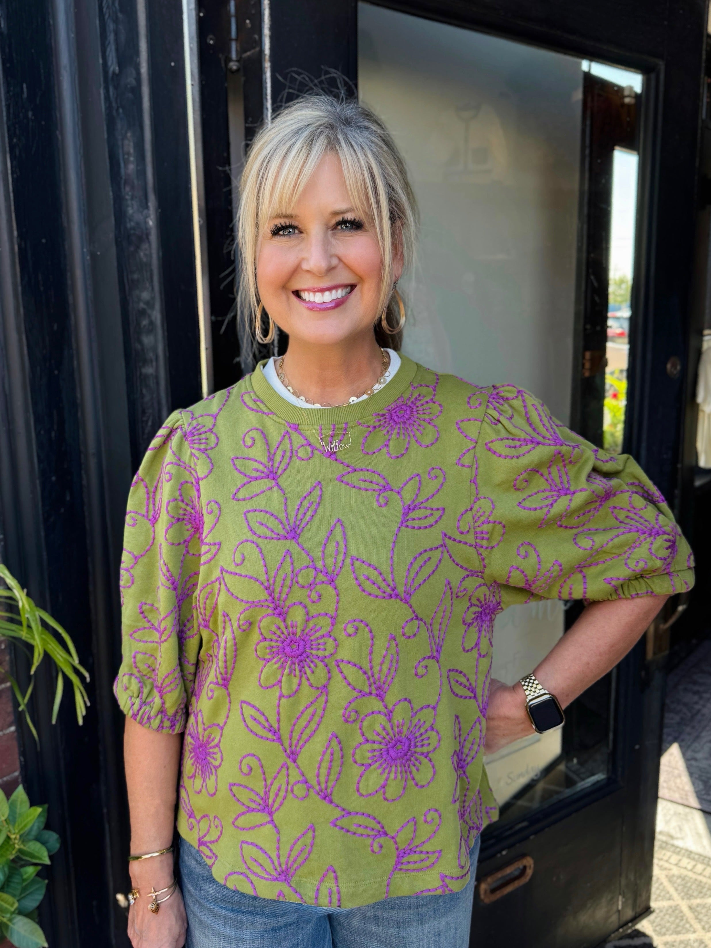 Ivy Jane Green Floral Vines Knit Top