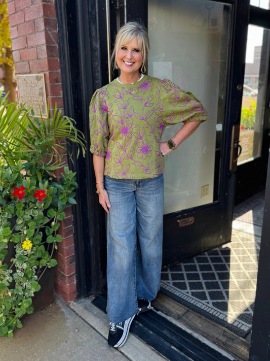 Ivy Jane Green Floral Vines Knit Top