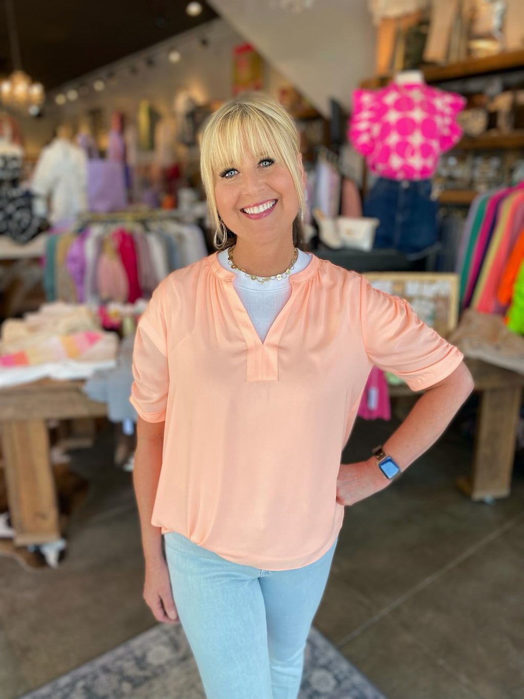 Peachy Keen Blouse with Ruched Sleeves