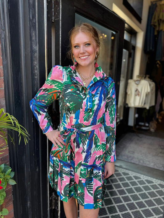 Jade Painted Palms Pleated Flounce Dress