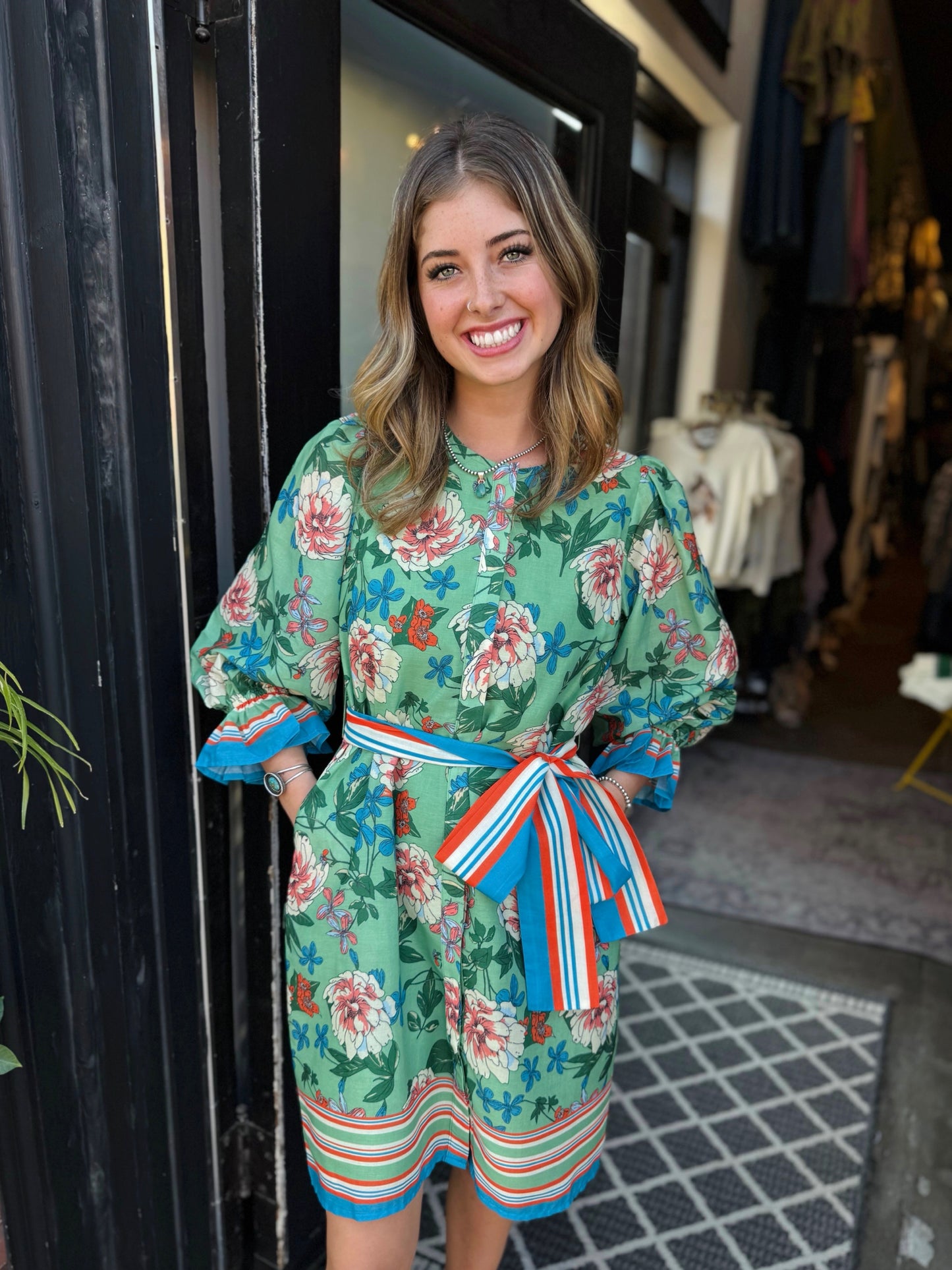 Jade Dahlia Border Placket Dress