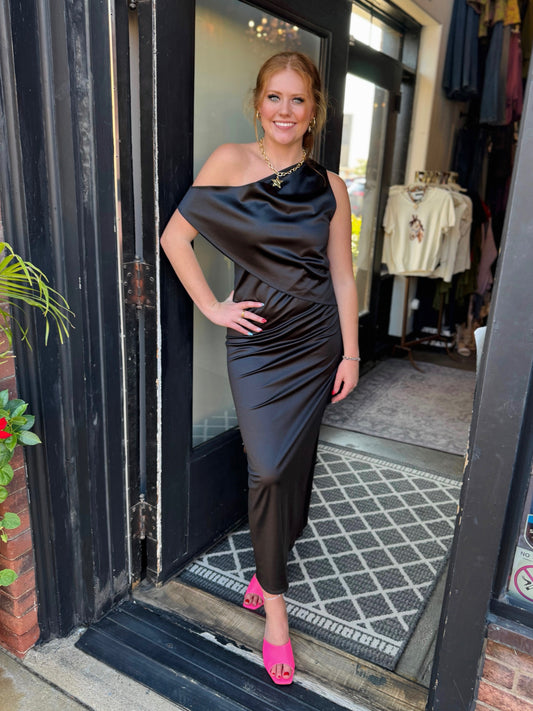 KLD Black Satin One Shoulder Double Layer Dress