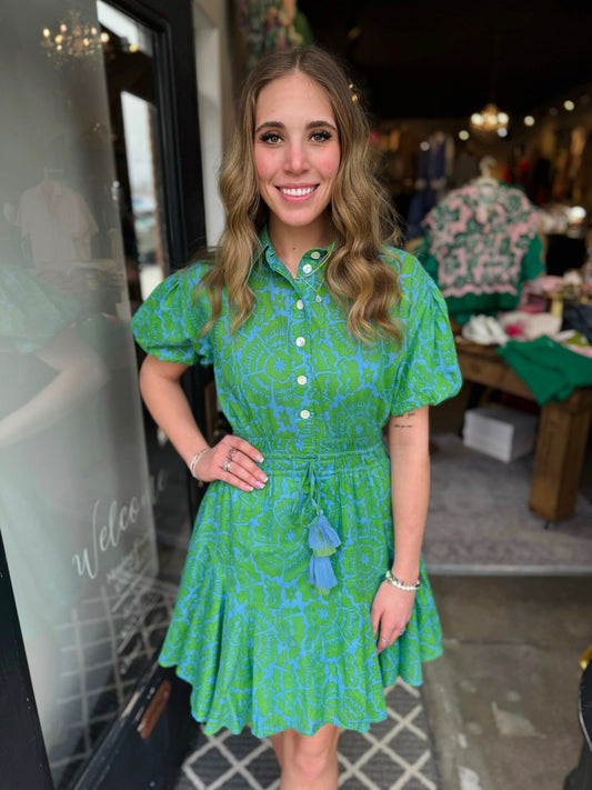 Uncle Frank Green Flounced Hem Shirt Dress