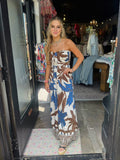 KLD KD52929-A/S TIE FRONTBROWN BLUE JUMPSUIT