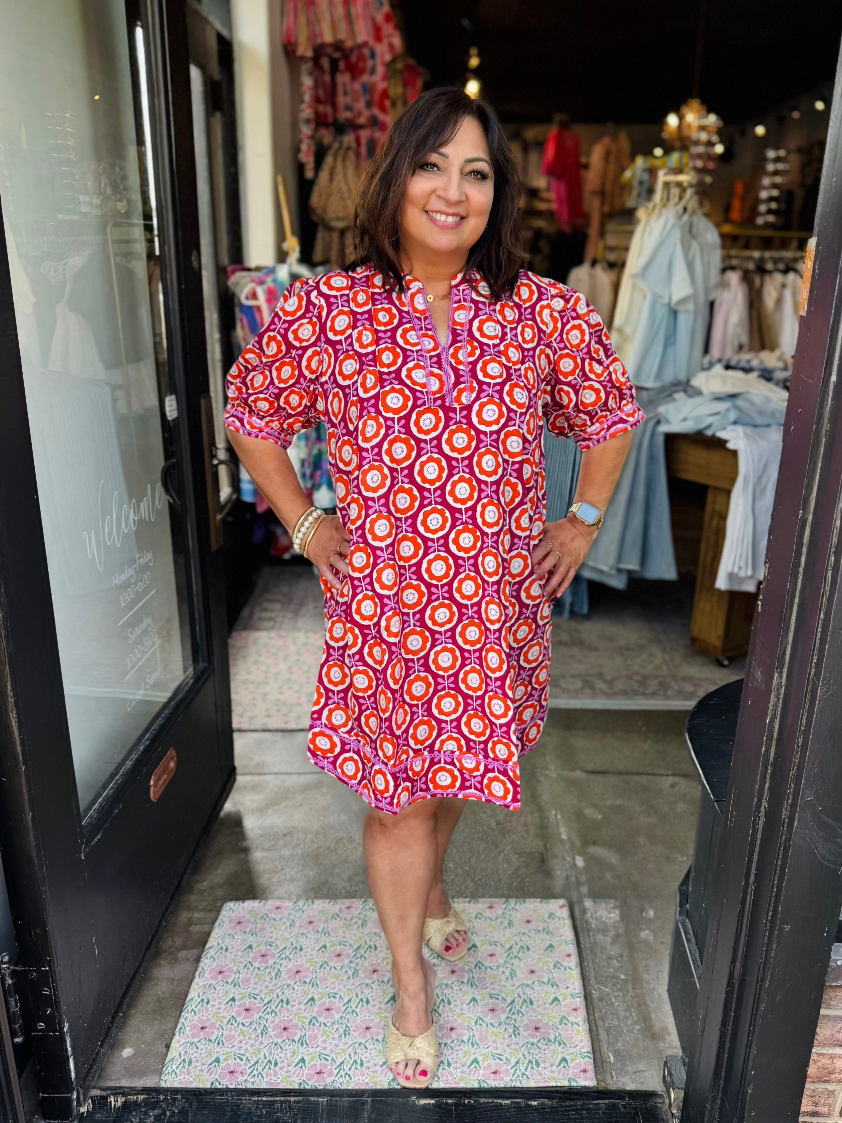 UNCLE FRANK 72695 PLUM PUFF SLEEVE FLORAL PRINT DRESS