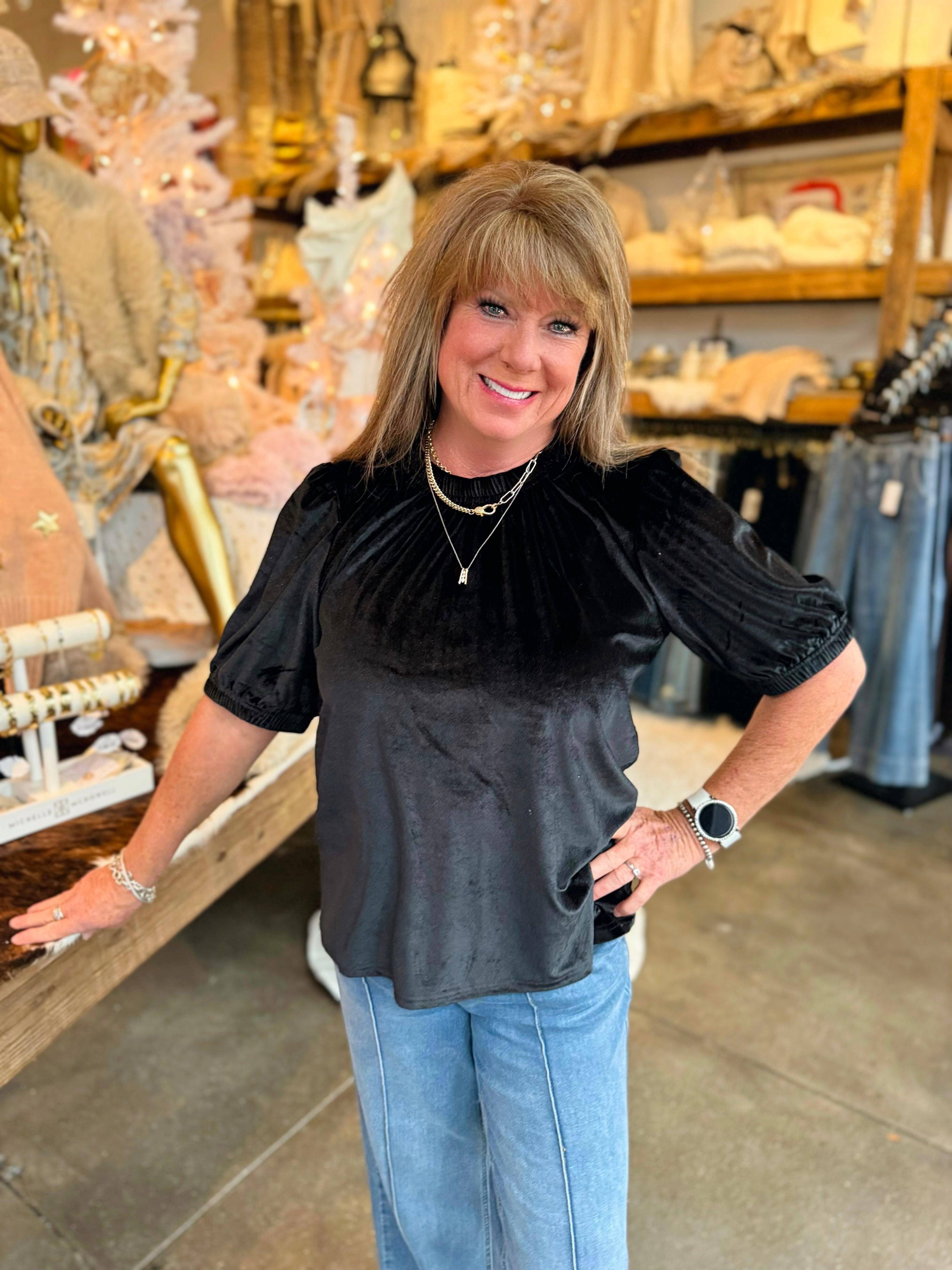 Ivy Jane Black Velvet Rouched Neck Top