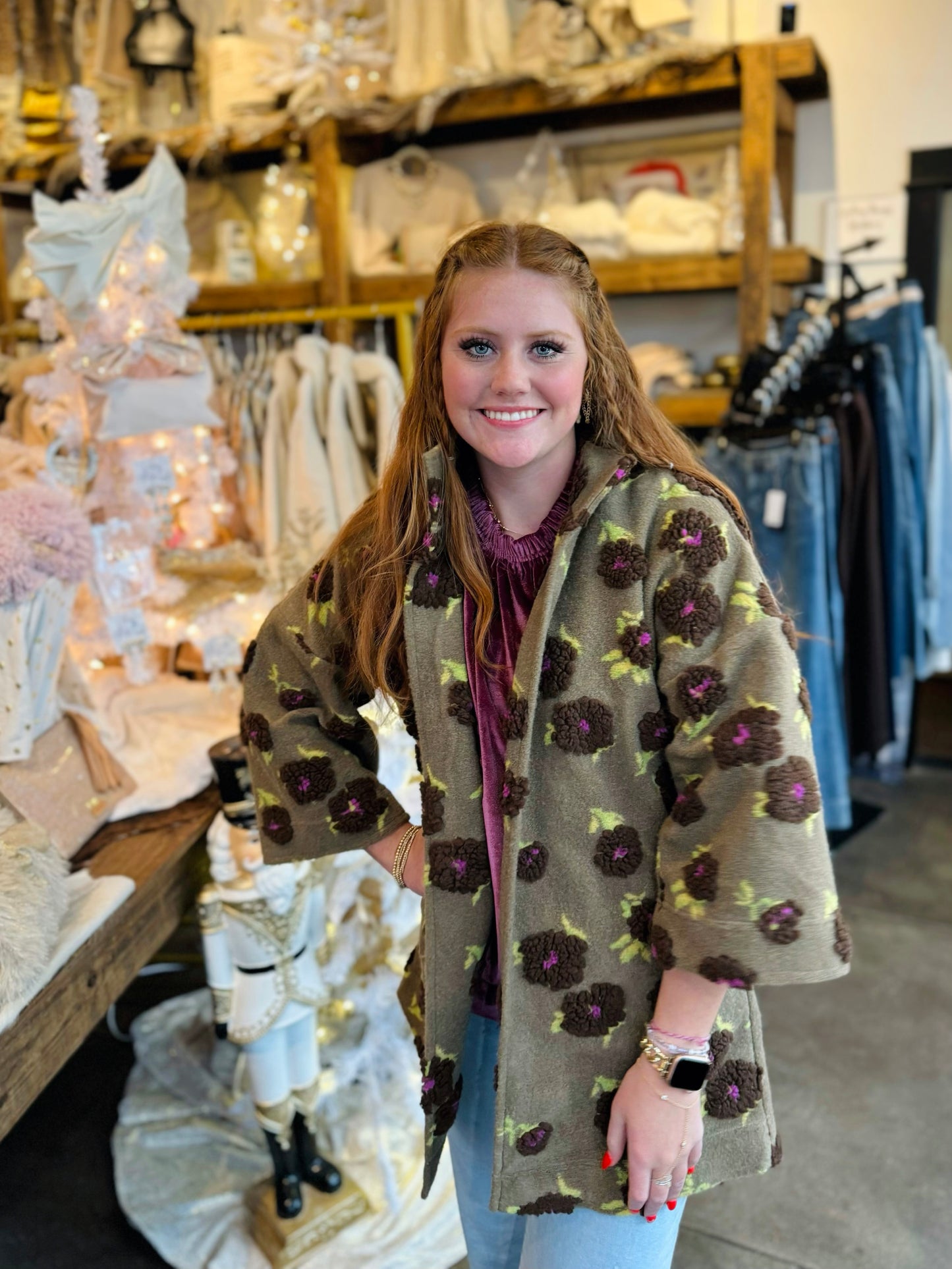 Ivy Jane Mocha Puff Floral Sherpa Jacket