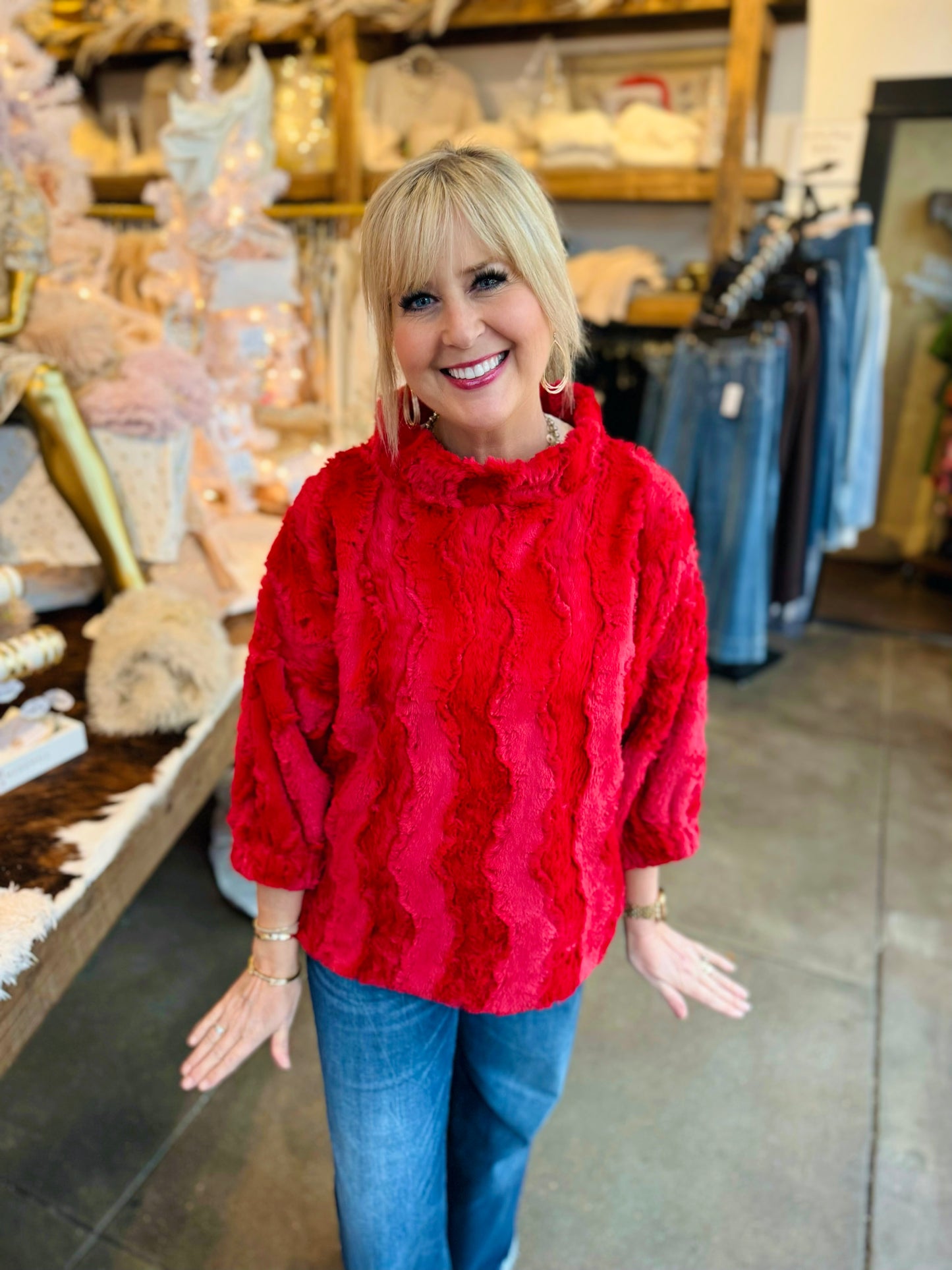 Ivy Jane Cardinal Poof Sleeve Faux Fur Popover