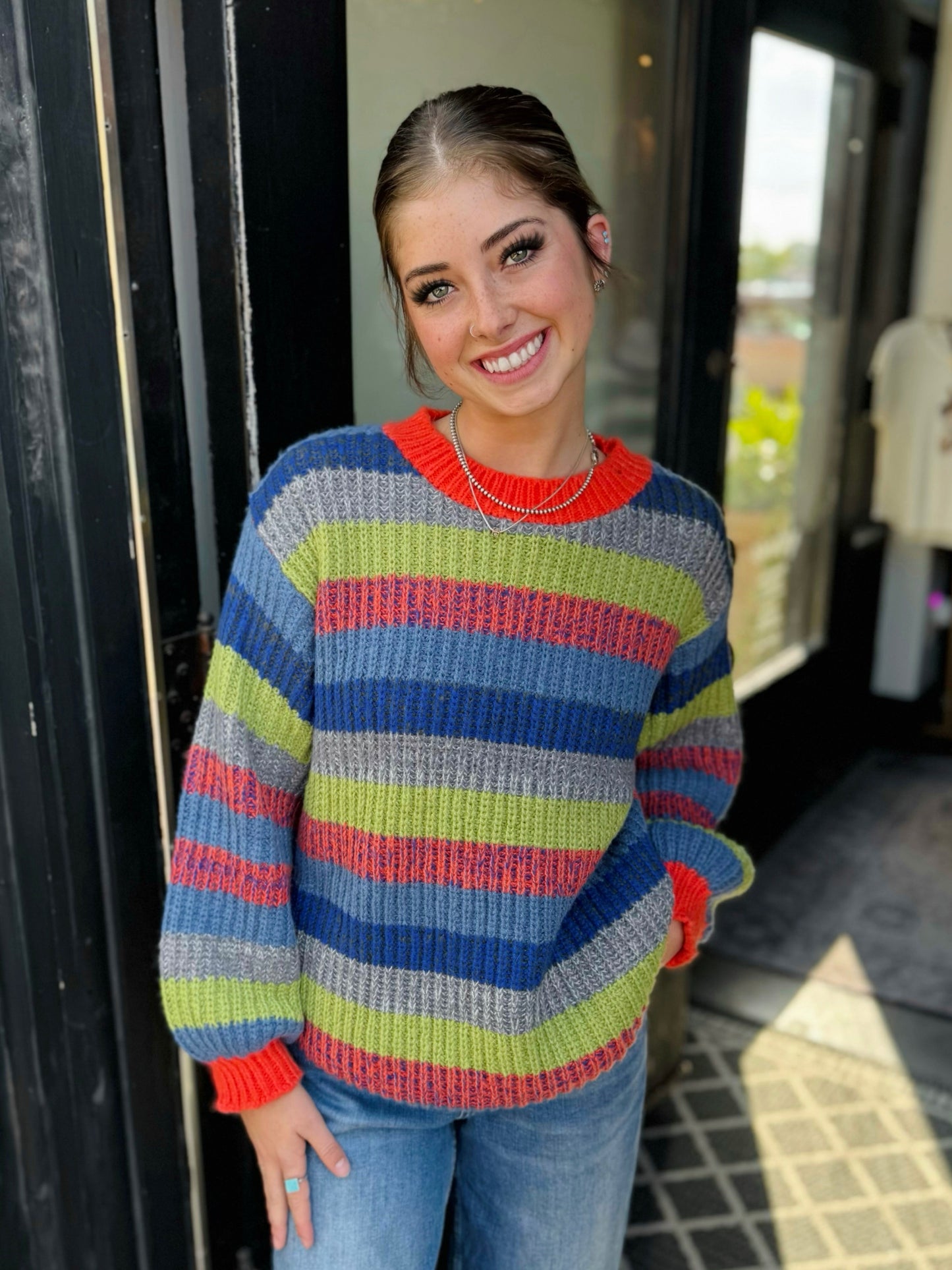 Coco And Carmen Multi Stripe Ronado Crew Neck Sweater