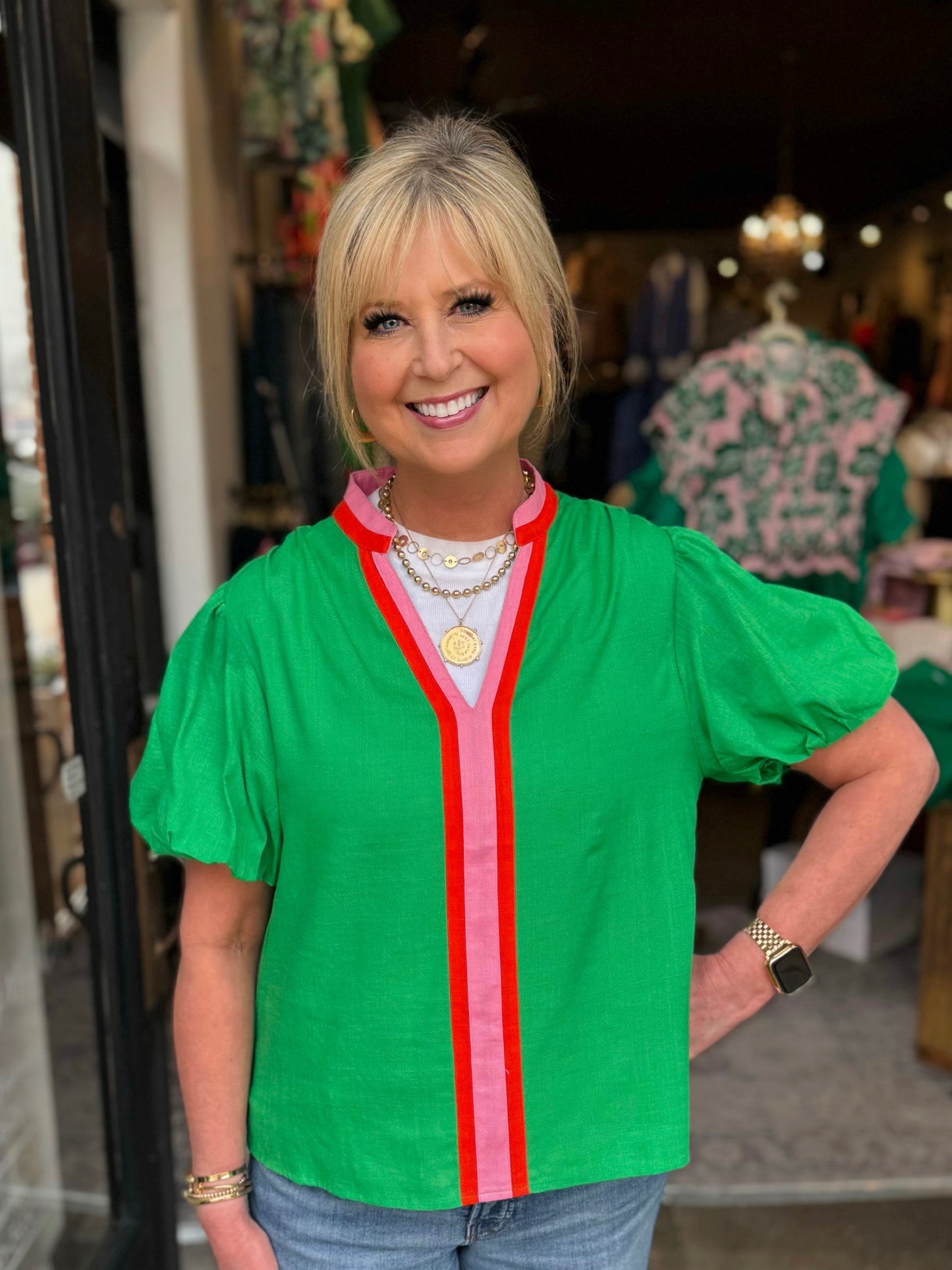 Green Puff Sleeve Stripe Detail V neck Blouse
