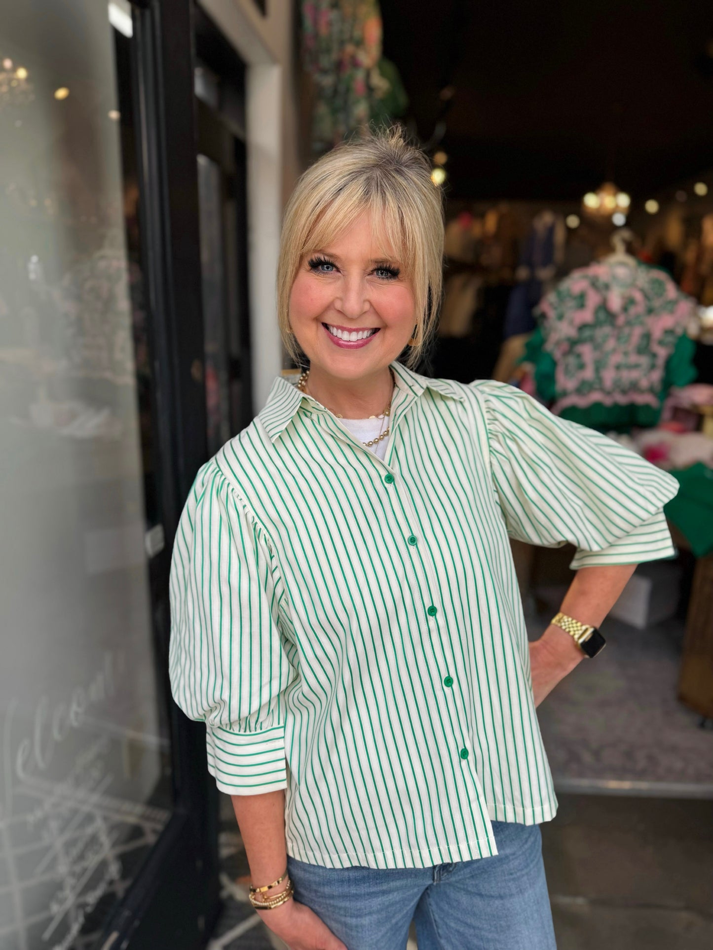 Jade Green Stripe Puff Sleeve Shirt