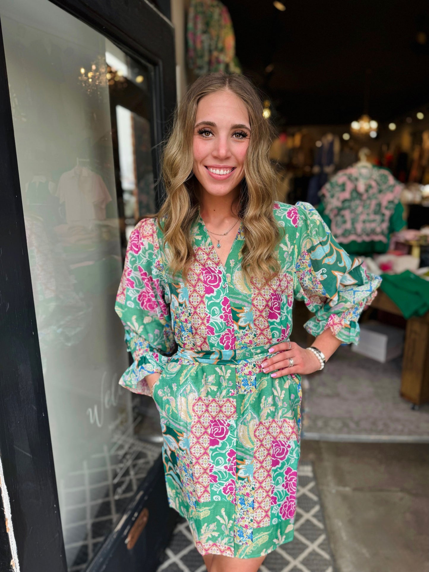 Jade Garden Quilt Split V Neck Dress