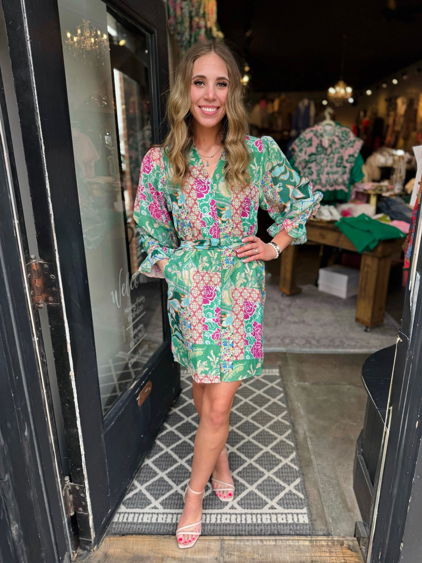 Jade Garden Quilt Split V Neck Dress