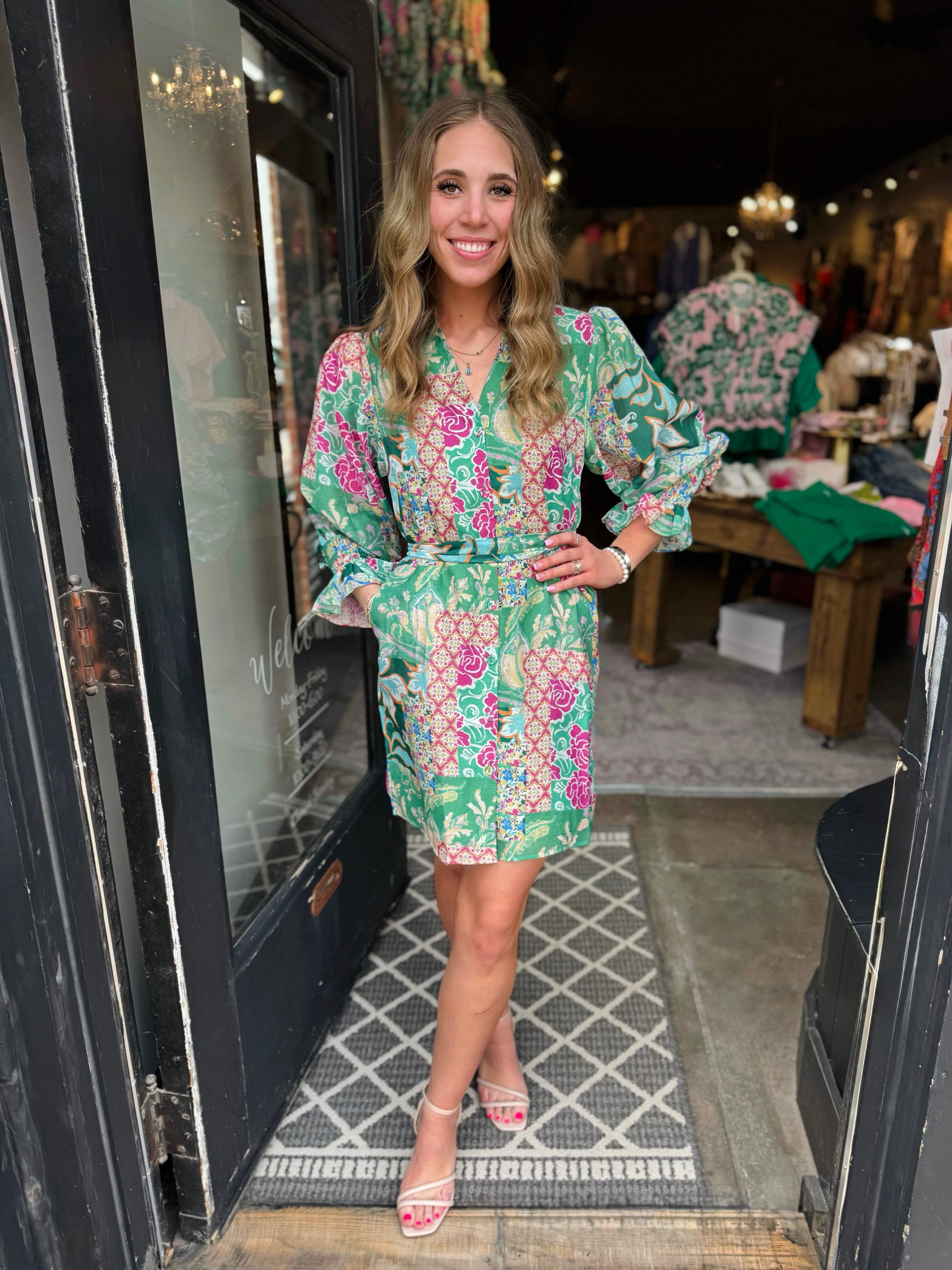 Jade Garden Quilt Split V Neck Dress